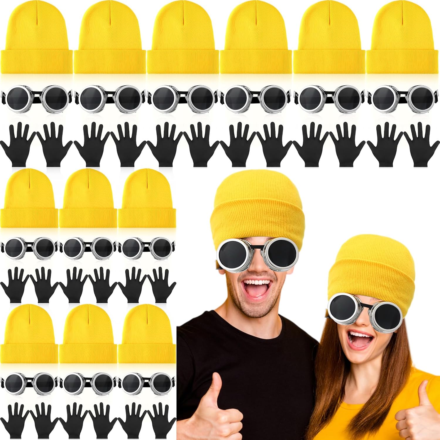 Yahenda 36 Pcs/12 Sets Steampunk Goggles, Yellow Knit Beanies & Gloves Kit