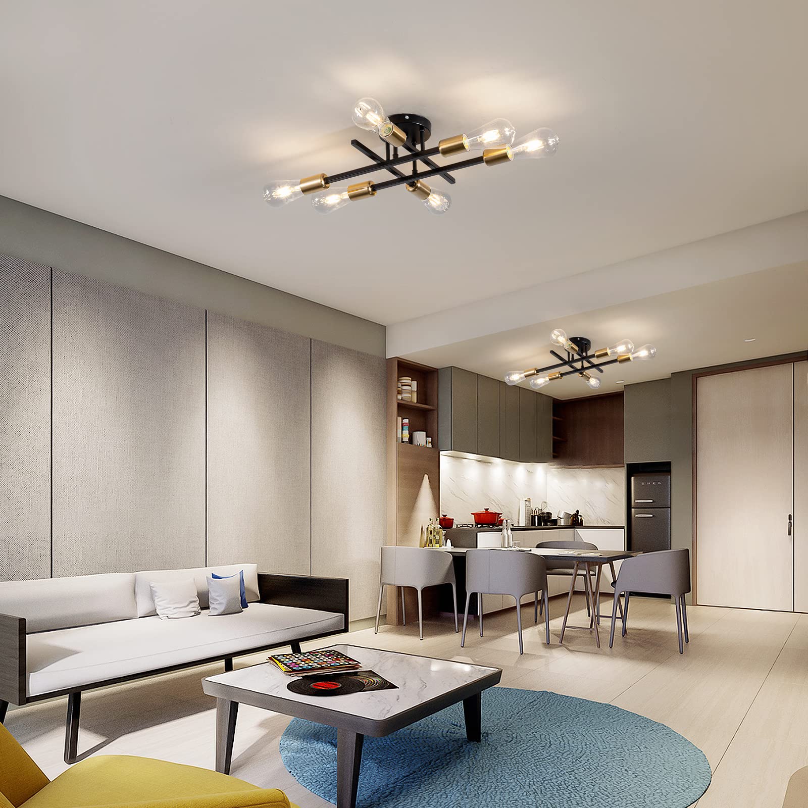 Becailyer Semi Flush Mount Ceiling Light, Modern 6-Light Sputnik Chandeliers, Vintage Metal Close to Ceiling Light Fixtures for Farmbouse Dining Room Bedroom Kitchen Office, Black+Gold