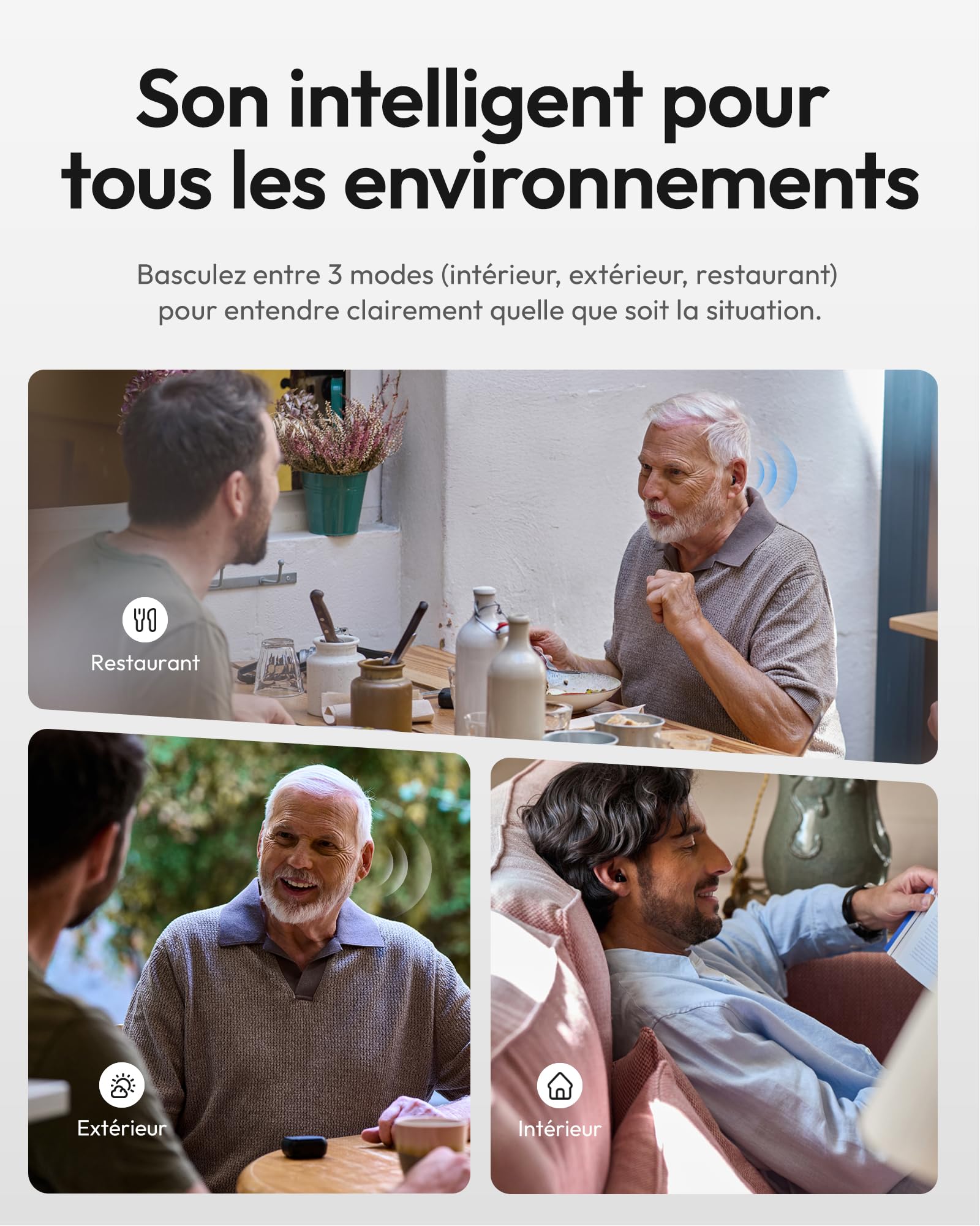 Nano Amplificateur auditif avec Étui de Charge, Contrôle Tout-en-un, 3 Modes et 3 Programmes Sonores, Design Discret, Lumière Stellaire