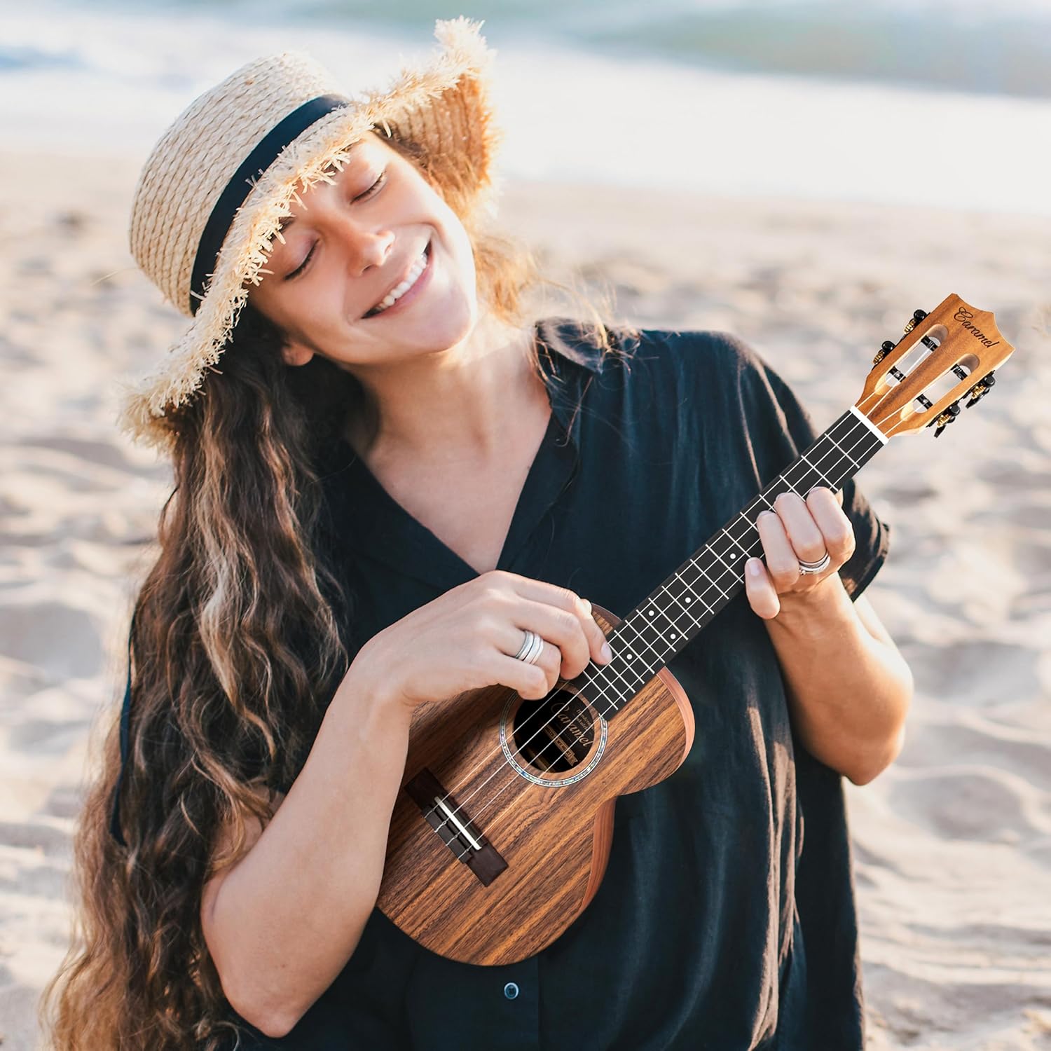 Caramel Concert Ukulele, CC207-23 inch KOA Acacia Wood Ukelele for Adults Beginners Kit with Carbon String, Digital Tuner, Strap