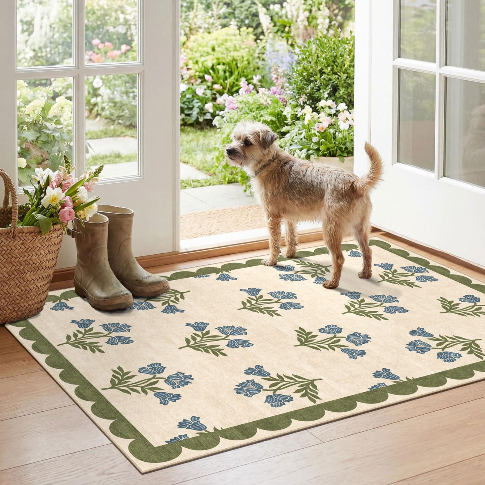 Othilic Floral Outdoor Rug - 28" x 43" Front Door Mat Indoor Outside Entrance Non-Slip Washable Outdoor Mat Sage Blue Spring Scalloped Rug for Entryway Kitchen Bedroom Layered Doormat for Front Porch