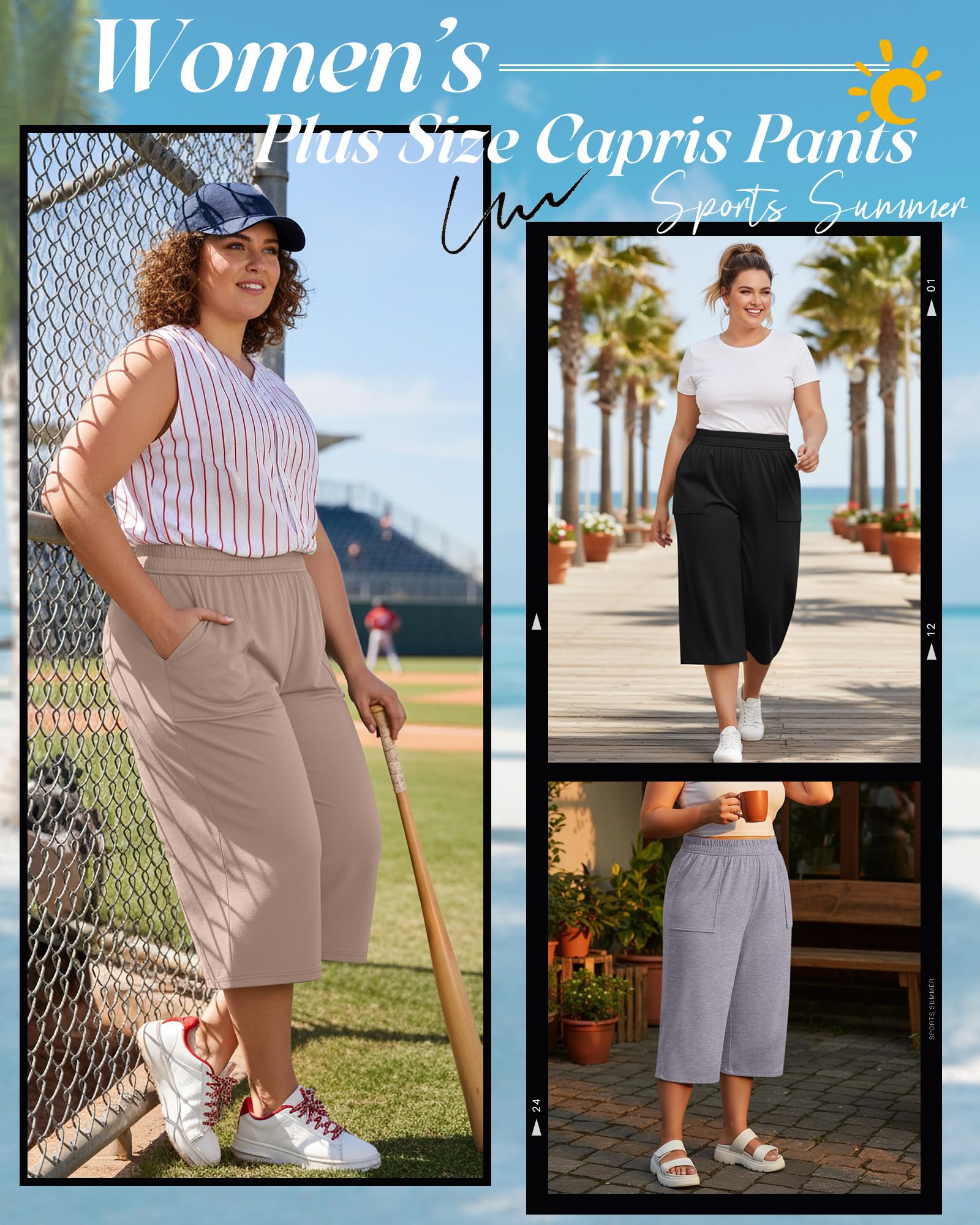 Neer Lot de 3 Pantalons Capri à Jambe Large en Coton pour Femme - Grande Taille - Taille élastique - Coupe Ample - Pantalon de Sport avec Poche