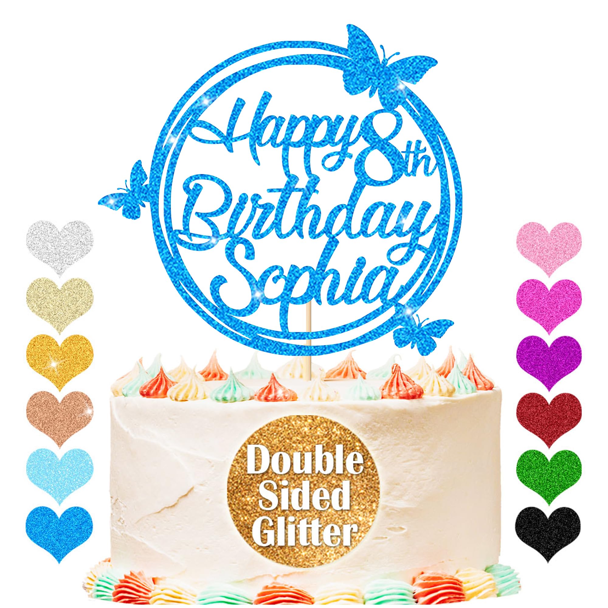 Personalised Happy Birthday Glitter Cake Topper, Custom Cake Topper Any Name & Age, Round Butterfly Cake Toppers, Birthday Party Cake Decorations for 18th 30th 40th 50th 60th 70th (Blue)