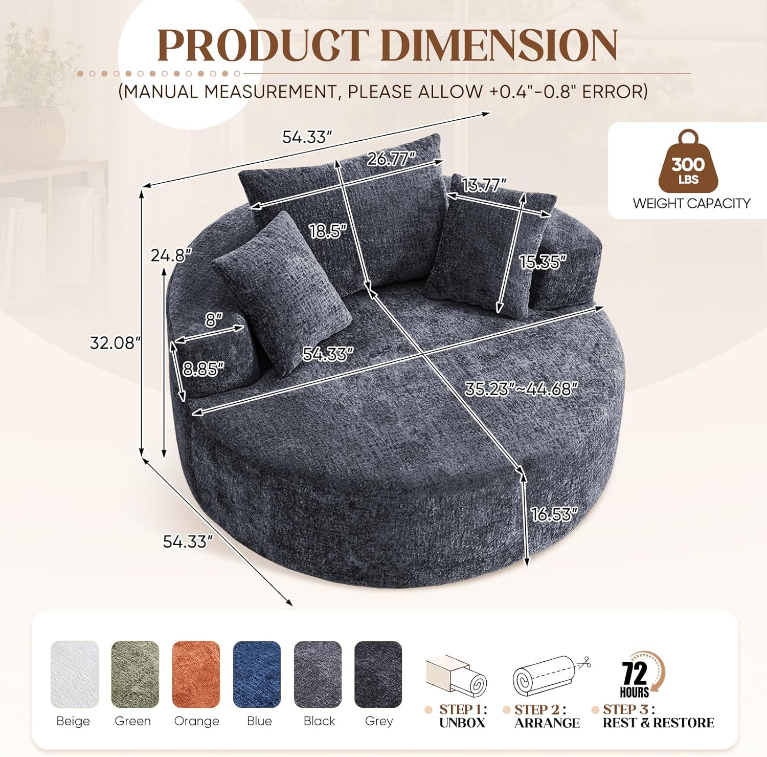 360° Oversized Swivel Chair, Modern Circle Round Lounge Chair with Deep Seat, Comfy Back Cushion & 2 Throw Pillows, Barrel Accent Chairs for Living Room Bedroom Office, Grey Chenille