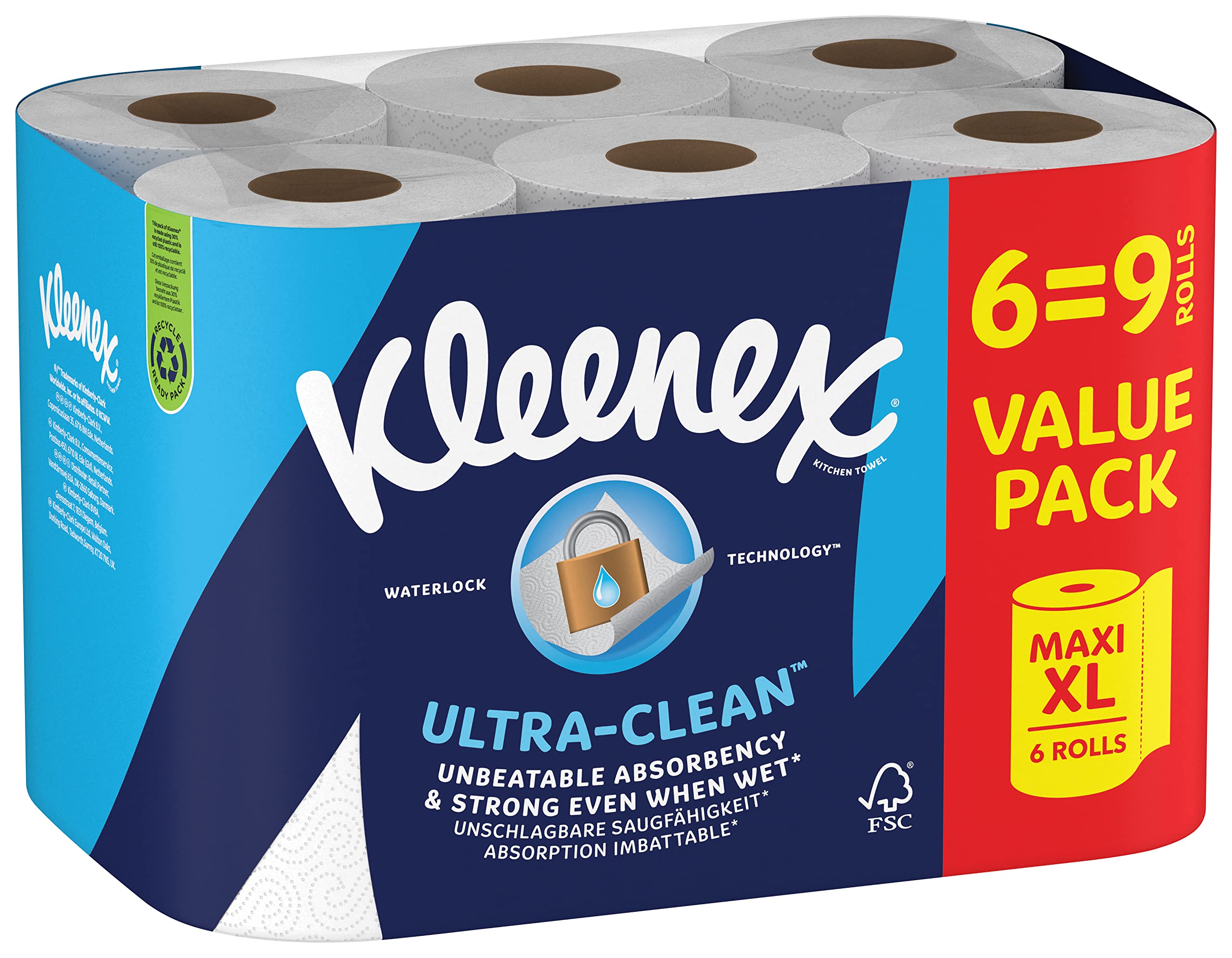 Kleenex® rotolo da cucina Ultra Clean™, 6 Maxi XL rotoli da cucina (=9 rotoli), assorbenza insuperabile e forza carta da cucina - Confezione riciclabile al 100%