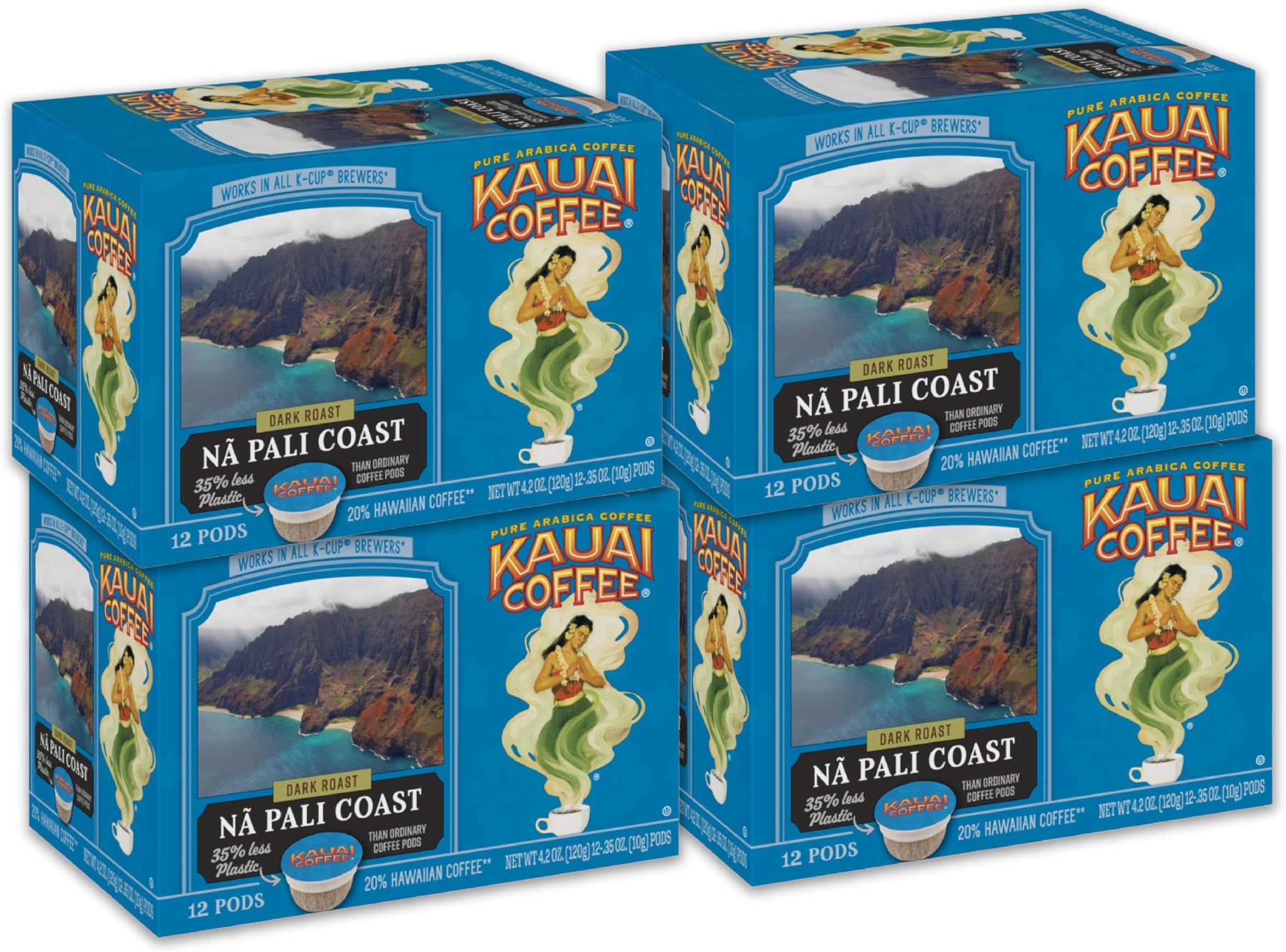 Kauai Coffee Pods Compatible with K-Cup Pods for Keurig Brewers – 20% Hawaiian Arabica – Dark Roast, Rich, Smooth, No Bitterness – Na Pali Coast, 4 Packs of 12 Single Serve Cups