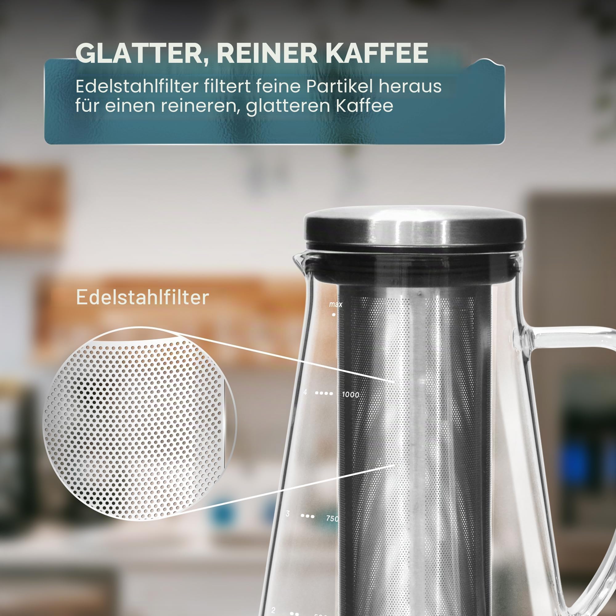 ovalware Cold Brew Coffee Maker - Luftdichte Kaffeemaschine für kalten Kaffee und Teesieb mit Ausguss RJ3 Brühglaskaraffe mit (1.0 Liter)