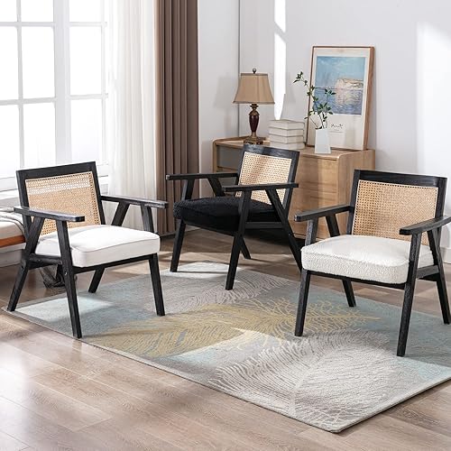 Miniatura 3 de Silla Accent de ratán, sillas tapizadas de piel sintética con respaldo de bastón, silla moderna retro de mediados de siglo, sillón de caña para