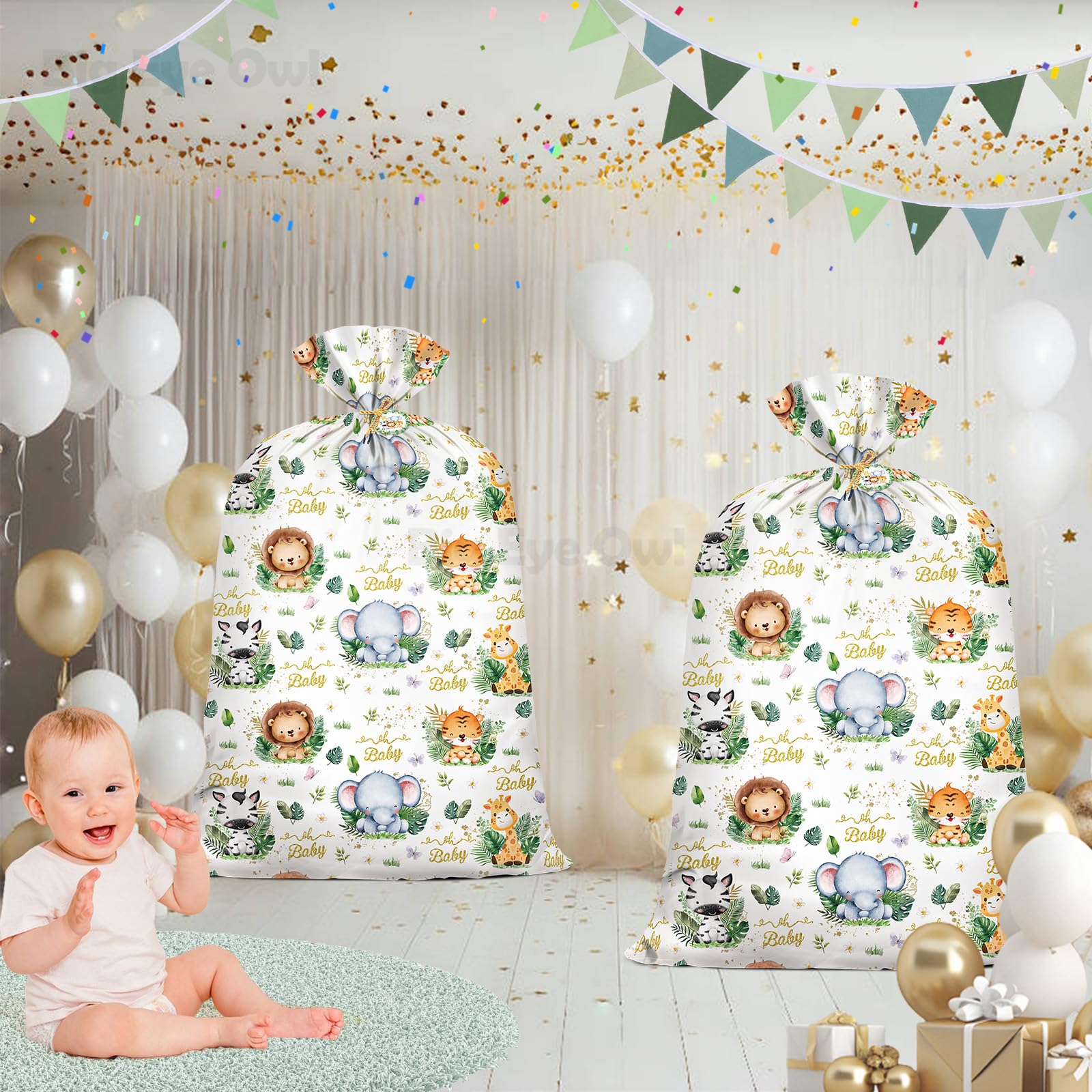 2Pcs Extra Large Baby Shower Plastic Gift Bags 70"x 40" Jumbo Safari Jungle Animals Present Bag XXL Big Gift Wrapping Bags Oversized Reusable Baby Gender Reveal Birthday Party Favors Goody Bags