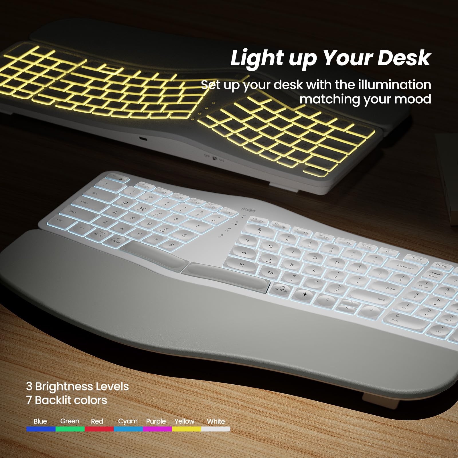 Nulea Wireless Ergonomic Keyboard, Split Keyboard with Wrist Rest, USB-C Charging, 7-Color Backlight, Natural Typing, Bluetooth and USB Connectivity, Compatible with Windows/Mac