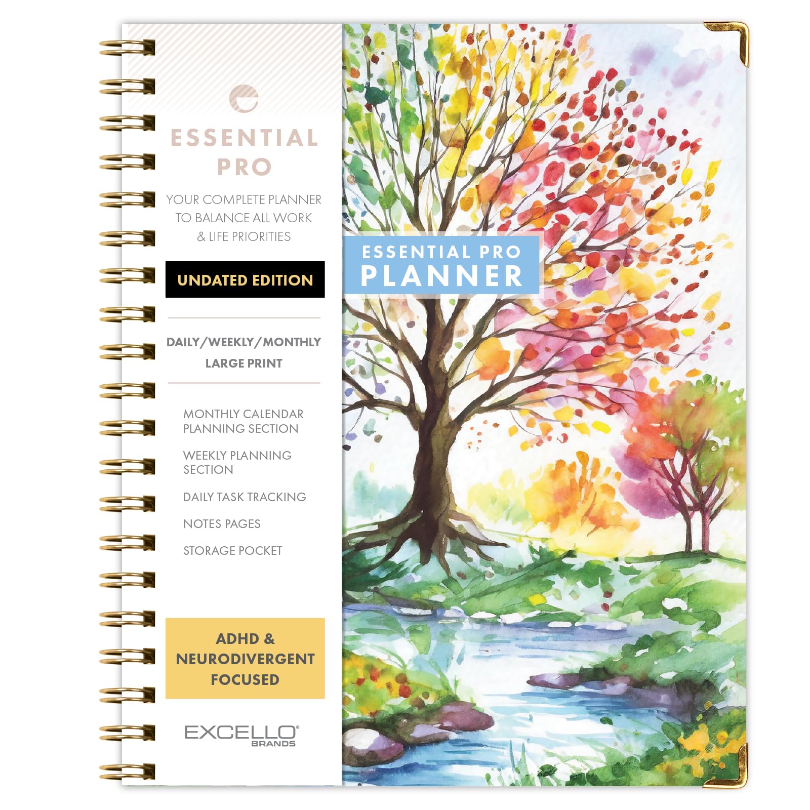 ESSENTIAL PRO - Agenda diaria, semanal y mensual sin fecha, pestañas mensuales, seguimiento diario, páginas de notas, bolsillo de almacenamiento, marcapáginas con notas adhesivas (temporada de árbol)