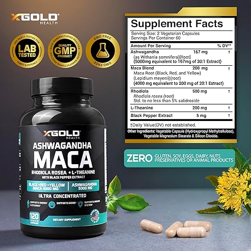 Miniatura 3 de Ashwagandha 5,000 mg + raíz de maca negra, roja, amarilla 4,000 mg, rodiola y L-teanina extracto 301 cápsulas de Ashwagandha, extracto 201 cápsulas