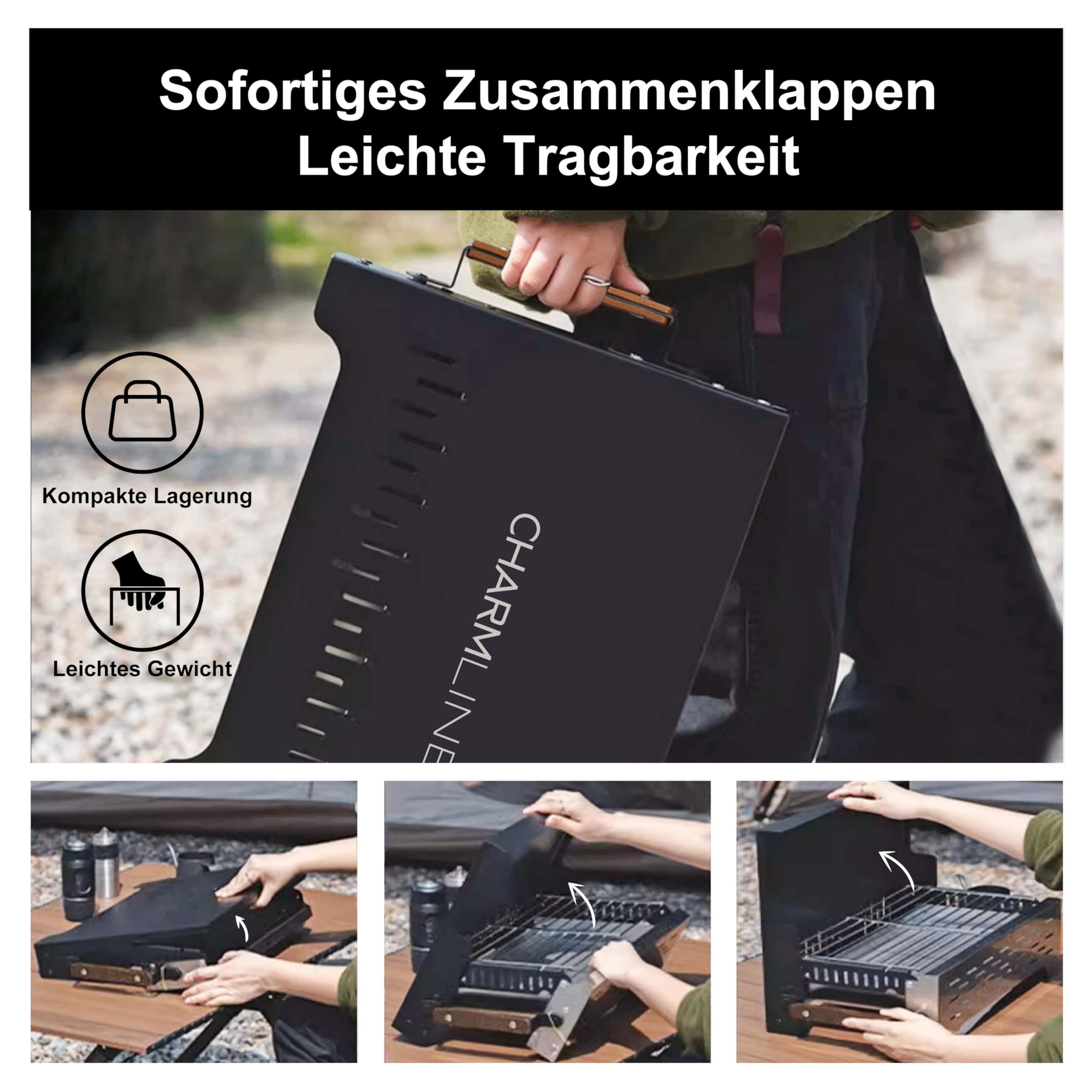 Charmline 42x33cm Foldable Portable Holzkohlegrill, Kompakte Tragbare Grill für Den Außenbereich, BBQ Grill für Camping, Picknicks, Gärten und Strand Parteien, Schwarz