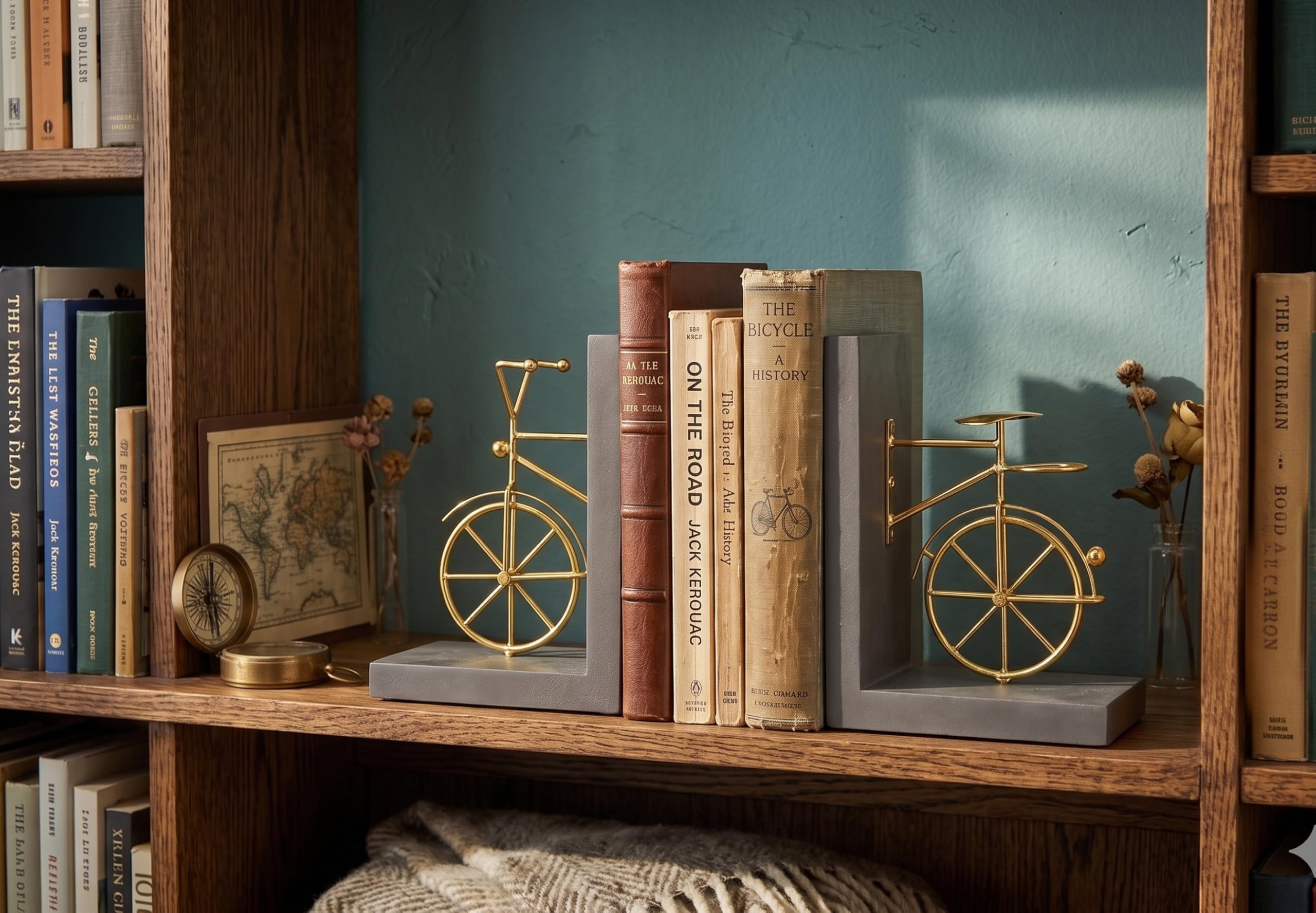 Sujetalibros para Bicicleta, Sujetalibros Decorativos con Respaldo Antideslizante, Soportes para Libros de Madera y Metal para Estantería, Escritorio, 1 Par, Marrón Dorado