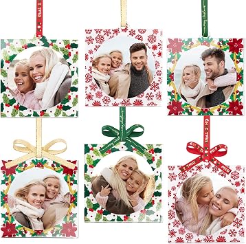 UNIQOOO Floral/Snowflake/Holly Christmas Acrylic Picture Frame Ornaments for Display Picture, 6Pcs Red Green Round Festive Hanging Decoration, Double-Sided Photo Frames for Home Party Xmas Tree Decor
