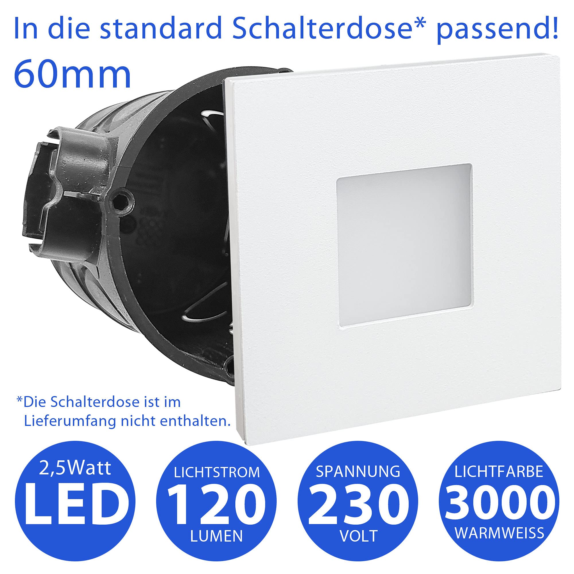 Maxkomfort LED Treppenbeleuchtung 230V – 0,5W 40lm Wandeinbauleuchte Eckig für 60mm Dose – Warmweiß (3000K) – Aluminium Stufenlicht für Flur – Stromsparendes Nachtlicht ohne Sensor – 6er Set Weiß