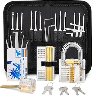 34 Pieces Lock Pick Set - Credit Card Size Lock Picking Tool Kit with 3 Clear Padlock, Manual, Leather Case, Lockpicking Handtool Set for Beginners and Pro Locksmith Training