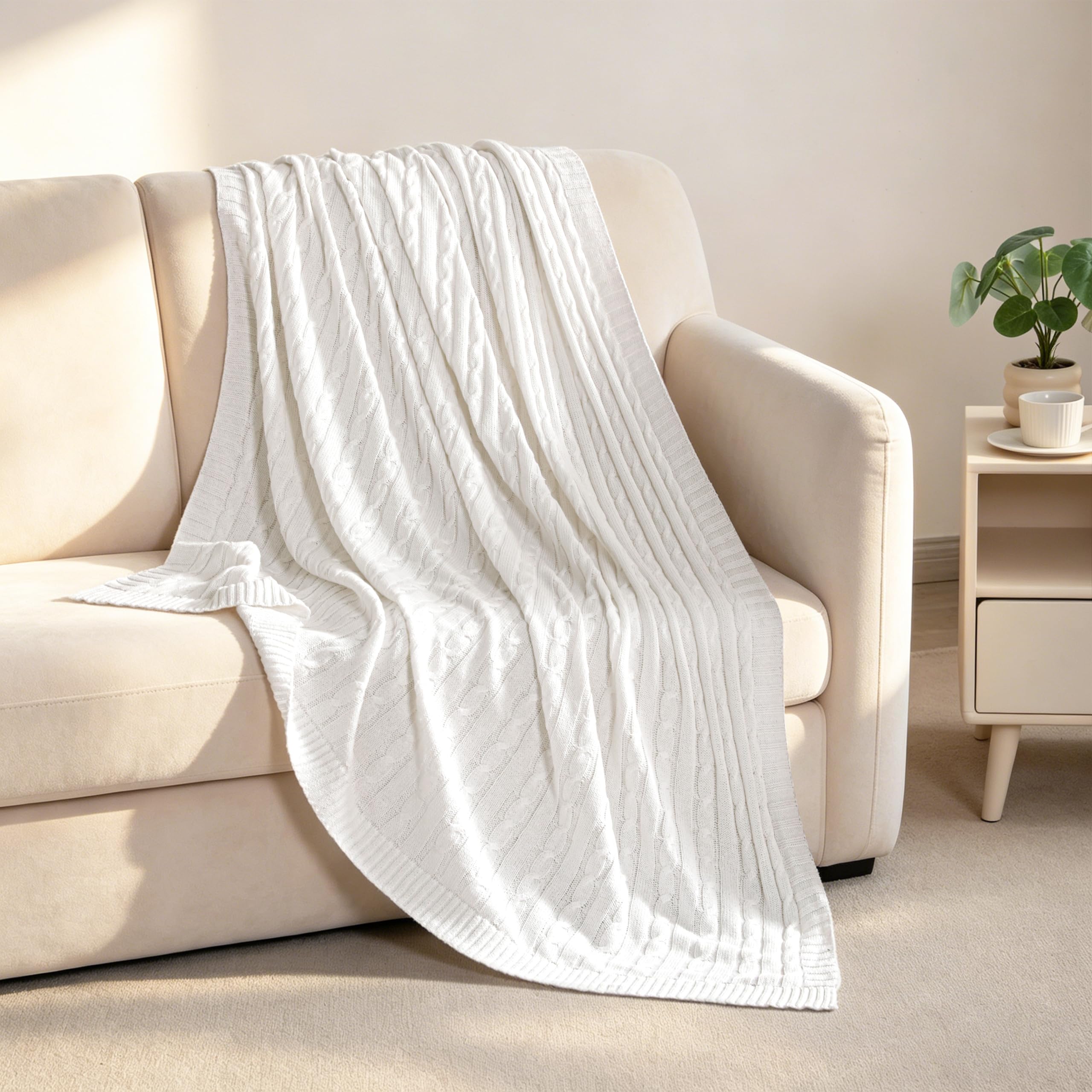 NTBAY Coperta in Maglia di Cotone, Coperta da Letto Multicolore Super Morbida e Calda, 130 x 170 cm, Bianco