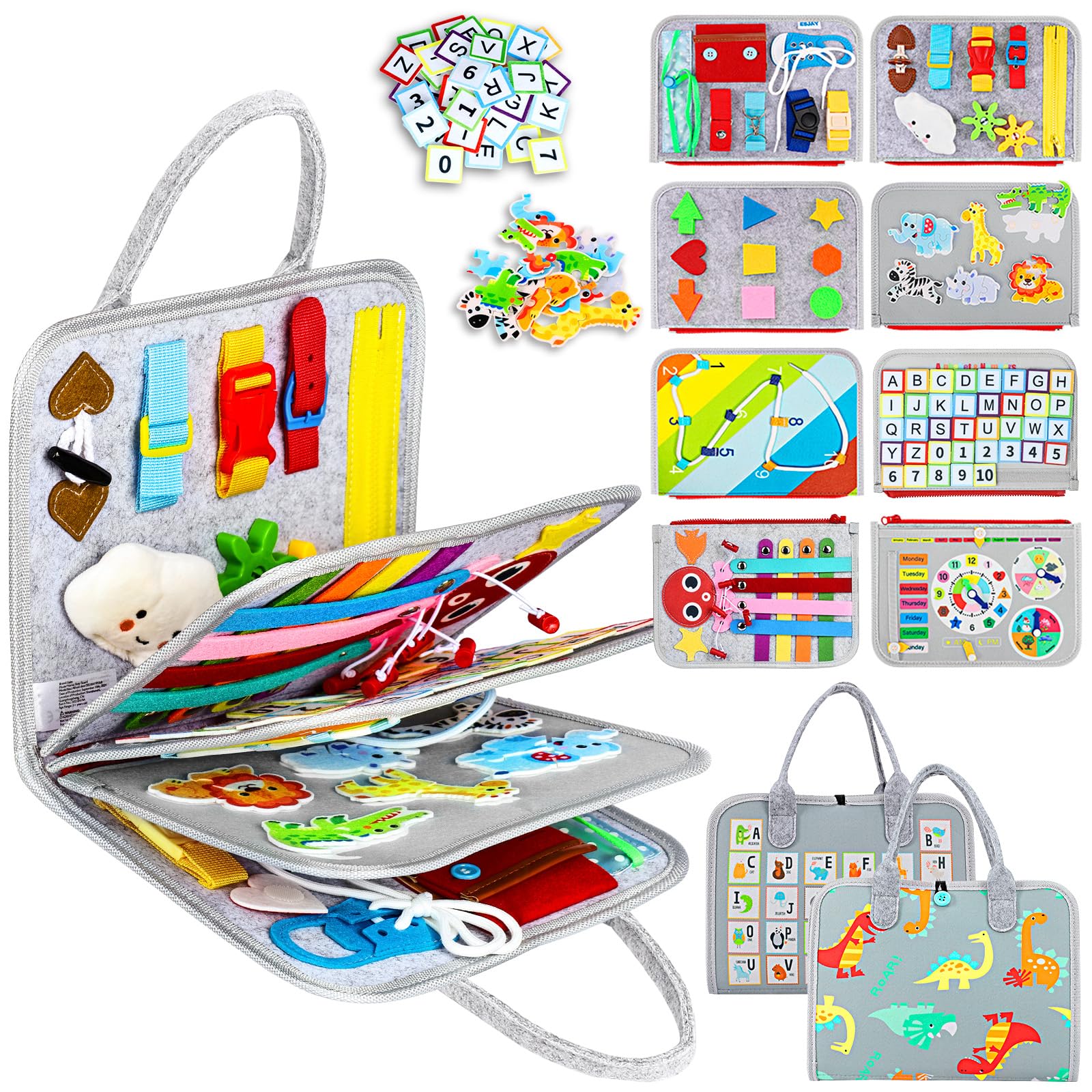 Esjay Toddler Busy Board Montessori Toys for Boys Girls, Sensory Board Educational Activities for Learning Fine Motor Skills, Birthday Gifts for Toddlers, Travel Toys for Airplane Car,Grey Dinosaur