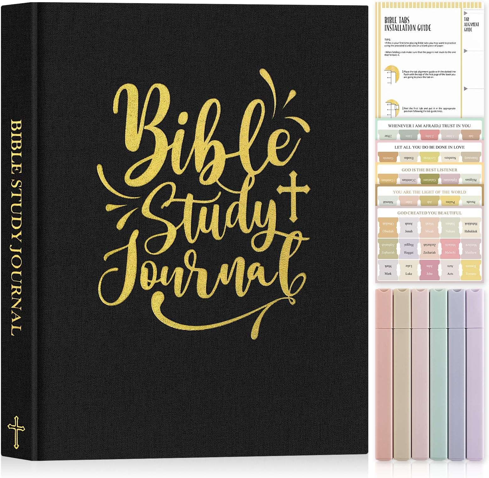 Lanpn Bible Study Guide Journals for Men with Tabs & Highlighters, Church Notes Taking Daily Devotional Journaling, Linen Bible Prayer Notebook Christian Religious Faith Based Gifts, Black