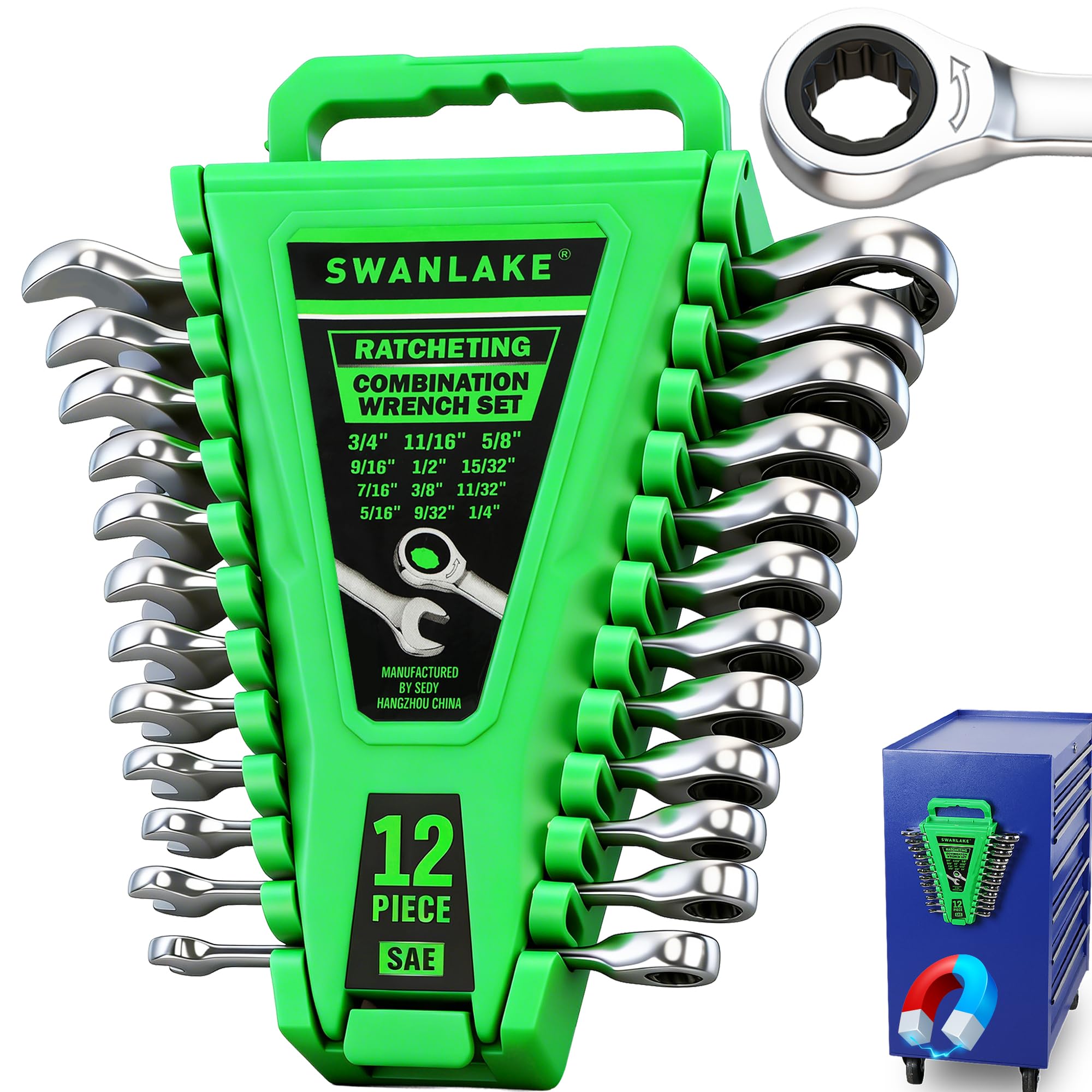 12-Piece Ratcheting Wrench Set, SAE 1/4 - 3/4 inch Ratchet Combination Wrenches Set, 12-Point 72-Tooth Ratchet Spanners with Magnetic Base Organizer, Chrome Vanadium Steel for Automotive Mechanic Tool