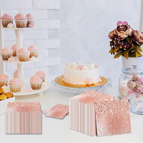 Miniatura 6 de ZOIIWA 100 servilletas de cumpleaños de oro rosa, decoraciones de fiesta rosa, servilletas de papel desechables para niñas y mujeres, tema de