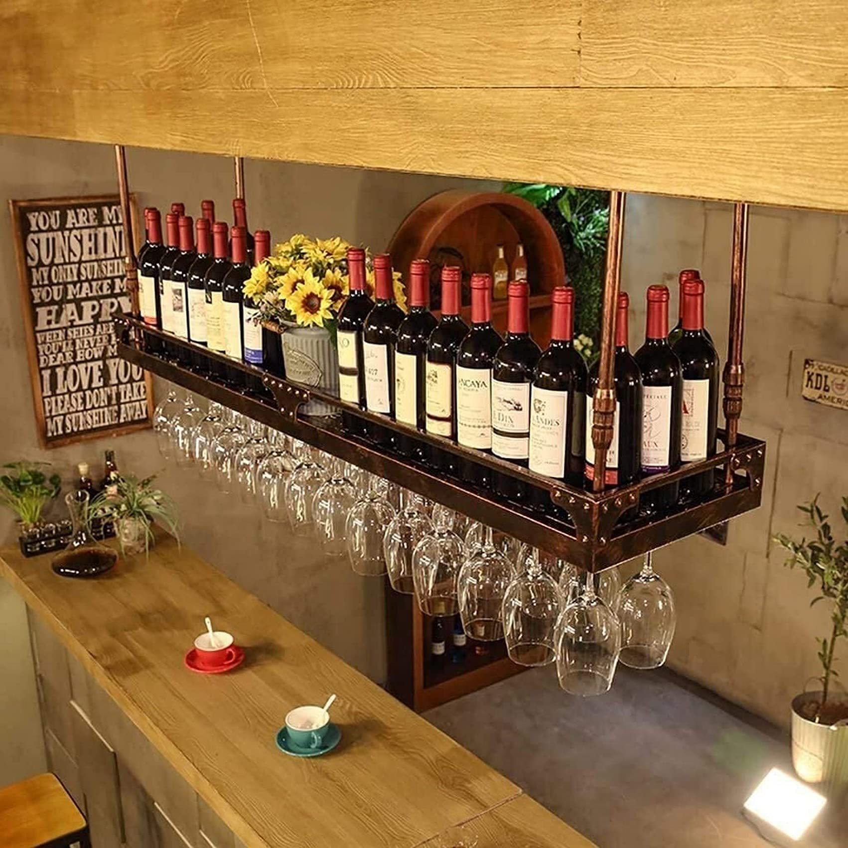 Étagère à vin haut de gamme 120x35cm suspendue au plafond pour verres à pied