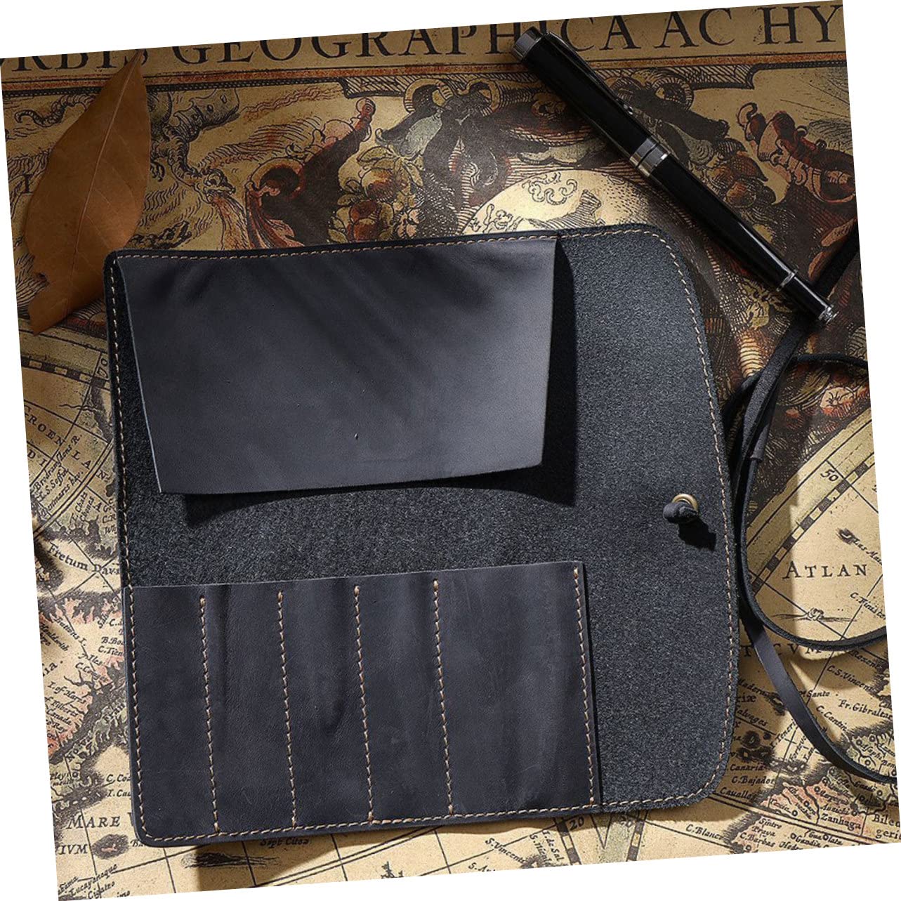 VILLCASE Estuche Enrollable de Cuero Negro, Portalápices Vintage y Hecho a Mano, Costura Manual, para Bolígrafos y Lápices Universidad