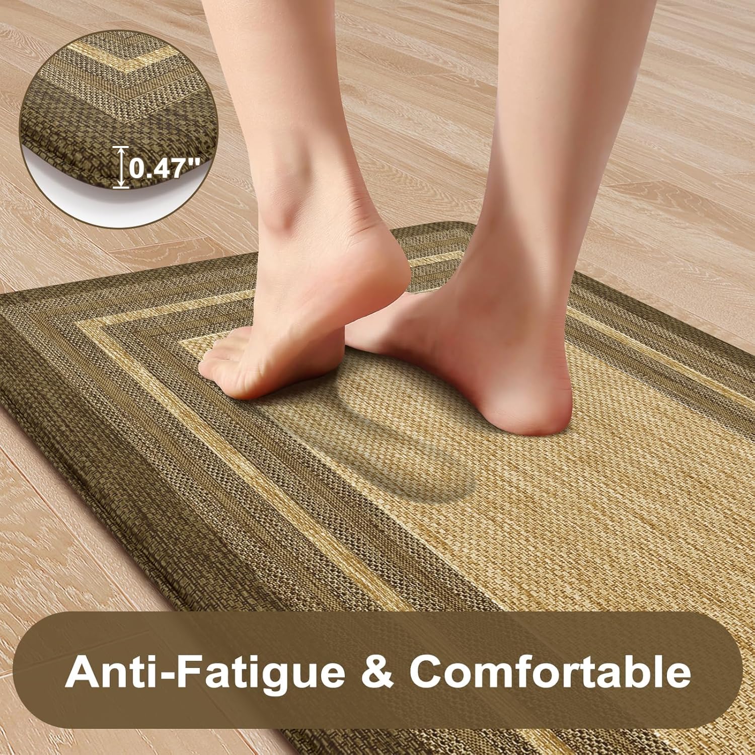 KIMODE Anti Fatigue Kitchen Mats for Floor, Farmhouse Kitchen Rugs Sets of 2, Cushioned Kitchen Floor Mats, Comfort Standing Mat for Sink Laundry Office Desk Brown/Khaki 17"x47"+17"x29" - Image 2