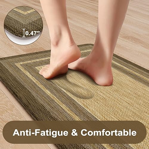 Vista 371 de KIMODE - Juego de 2 tapetes de cocina bohemios, antifatiga, antideslizantes, impermeables, ergonómicos, acolchados, cómodos, para lavandería, Caqui