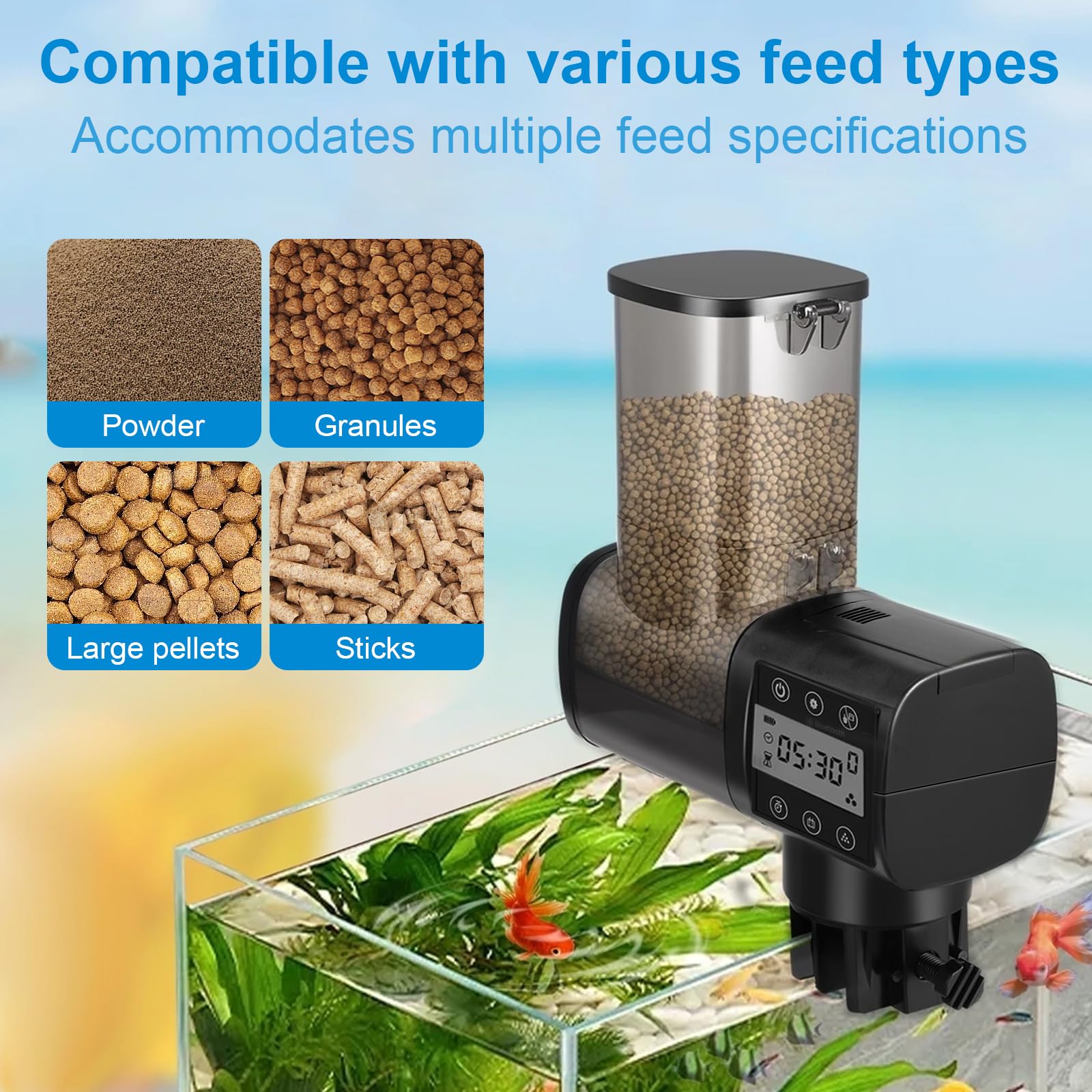 Automatischer Futterspender Fische mit DREI zeitgesteuerte Fütterungsmodi,500ml Futterautomat Aquarium für Koi Fische Teich mit LCD Display Controller Fish Feeder Automatic,Präzisionsfütterung