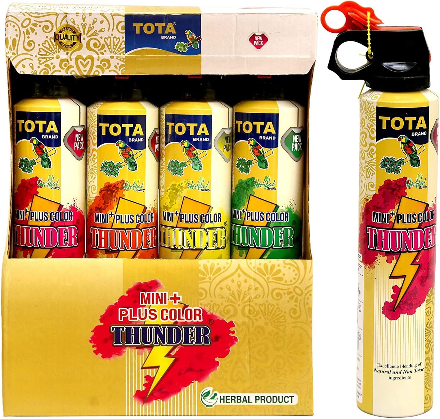Tota brand Non-Toxic Eco Friendly Holi Herbal Gulal Spray Bottle, Tota Mini Thunder Holi Herbal Gulal (Pack of 4 Bottel) - Mix Color (Large Spray)