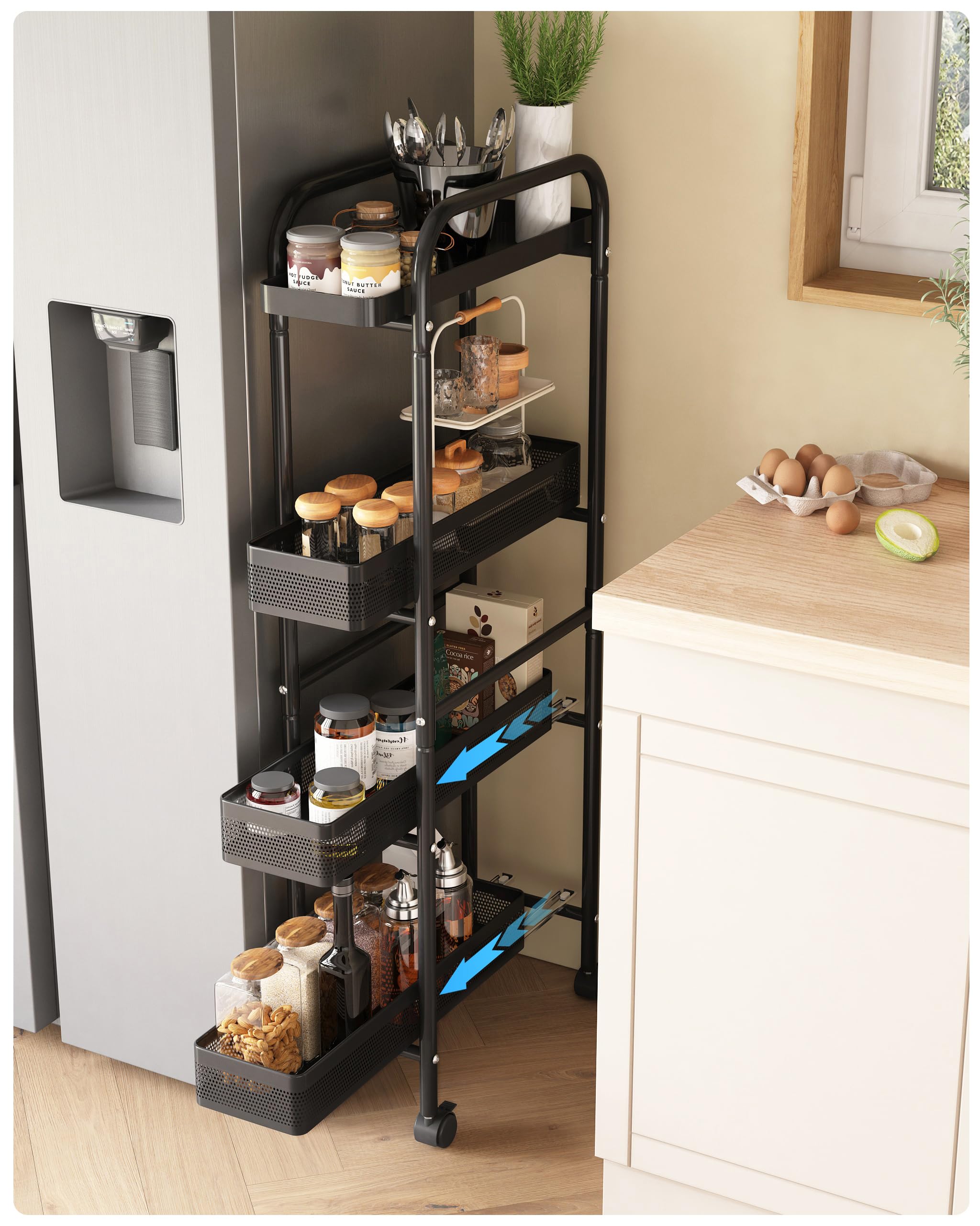 UMDONX Métallique Chariot de Cuisine étroit avec Tiroirs Coulissants,Noir | 4 Niveaux étagère Roulette Etroite,Chariot de Service à roulettes,Chariots de Rangement pour Cuisine Bain Salon Balcon
