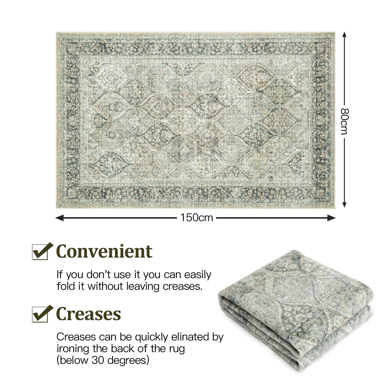 Vintage Area Rug for Bedroom 80x150 cm Washable Rugs Anti-Slip Area Rug Soft Low Pile Rug for Living Room Dining Room Boho Rug Green - Image 2