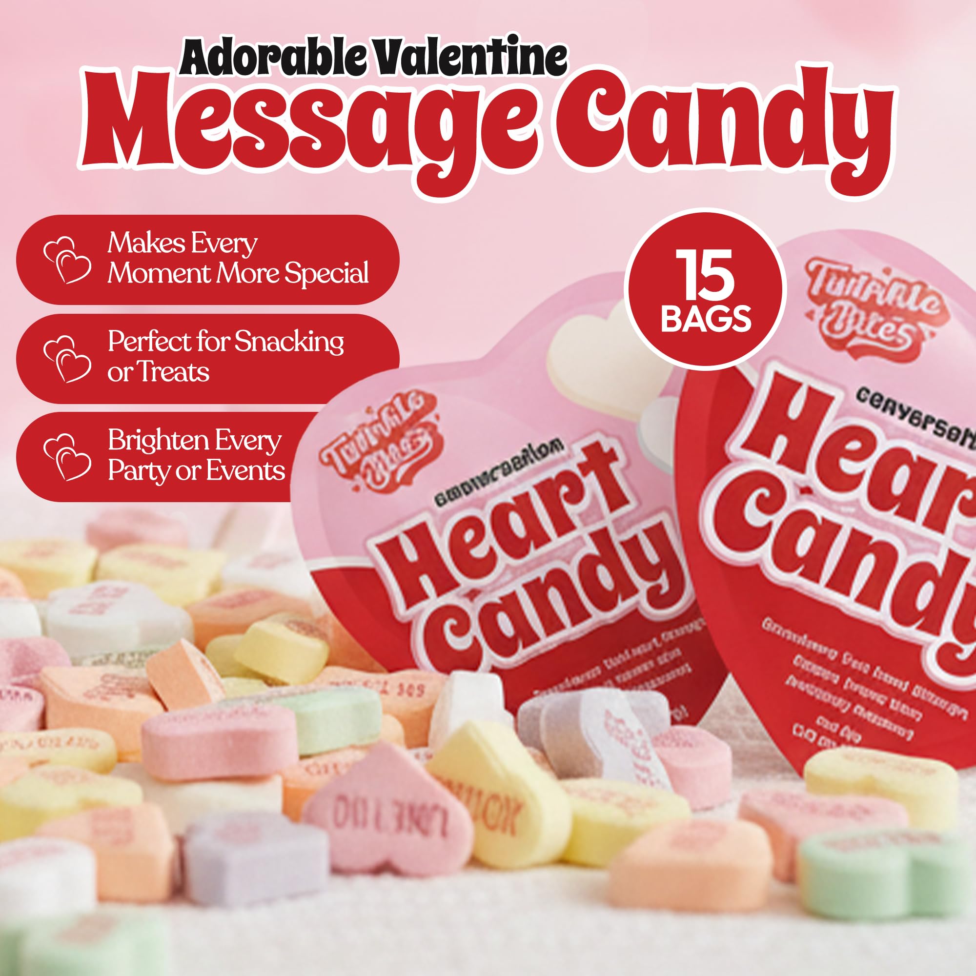 15 Pack Valentines Day Conversation Hearts – Heart Shaped Bags