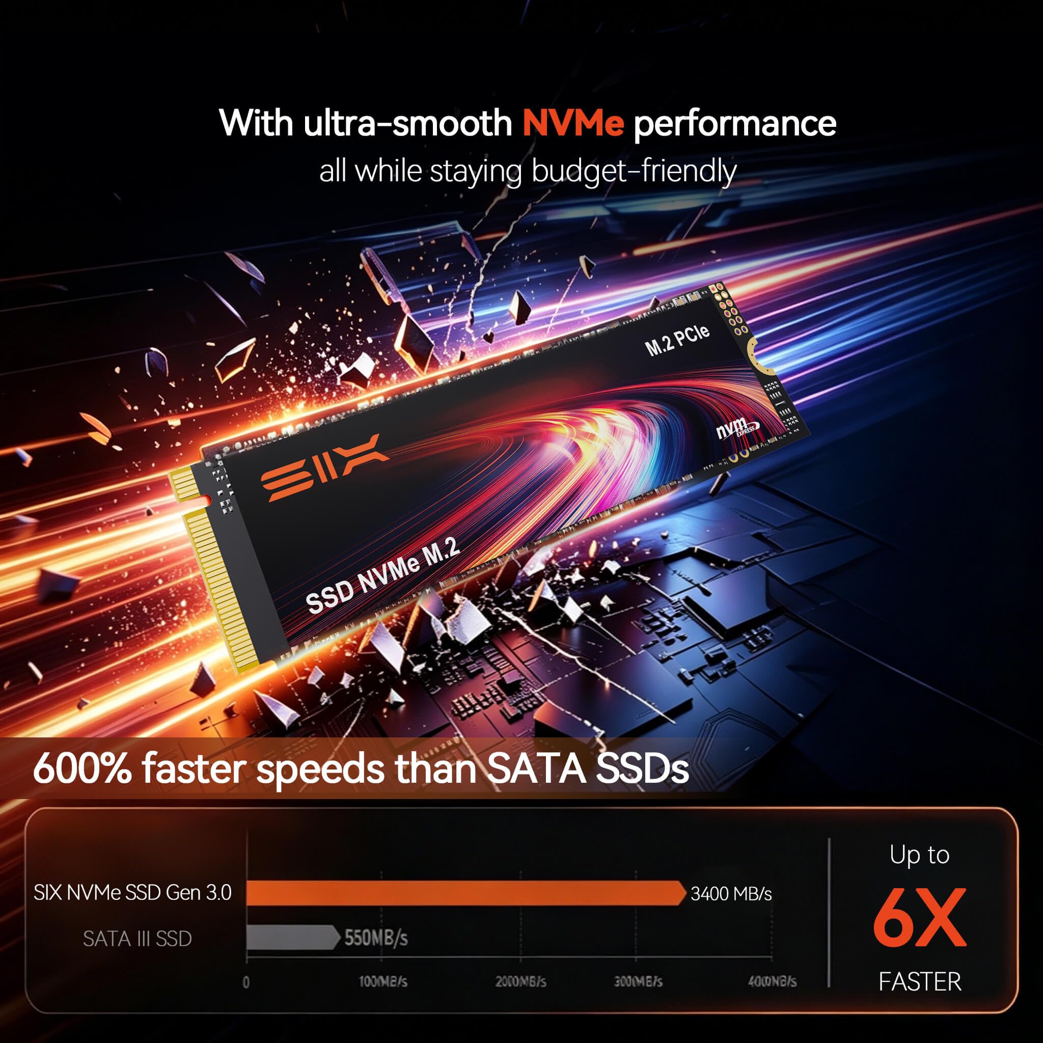 SIX X4000 1TB M.2 SSD PCIe Gen3x4 NVME SSD Solid State Drive - Fino a 3400 MB/s in lettura, 2600 MB/s in scrittura