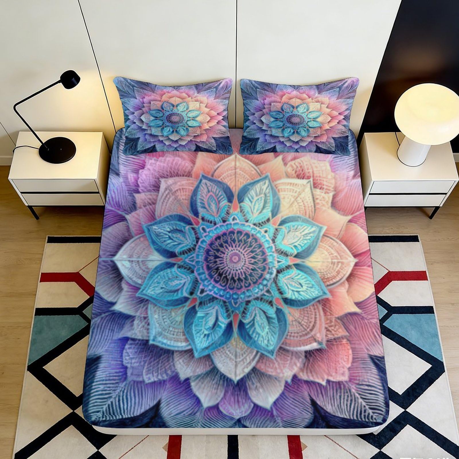 3D Printed Mandala Blossom Fitted Sheet Microfiber Soft Pastel Lotus Mattress Cover for Bedroom Guest Room Dustproof Decor 90x200x25cm