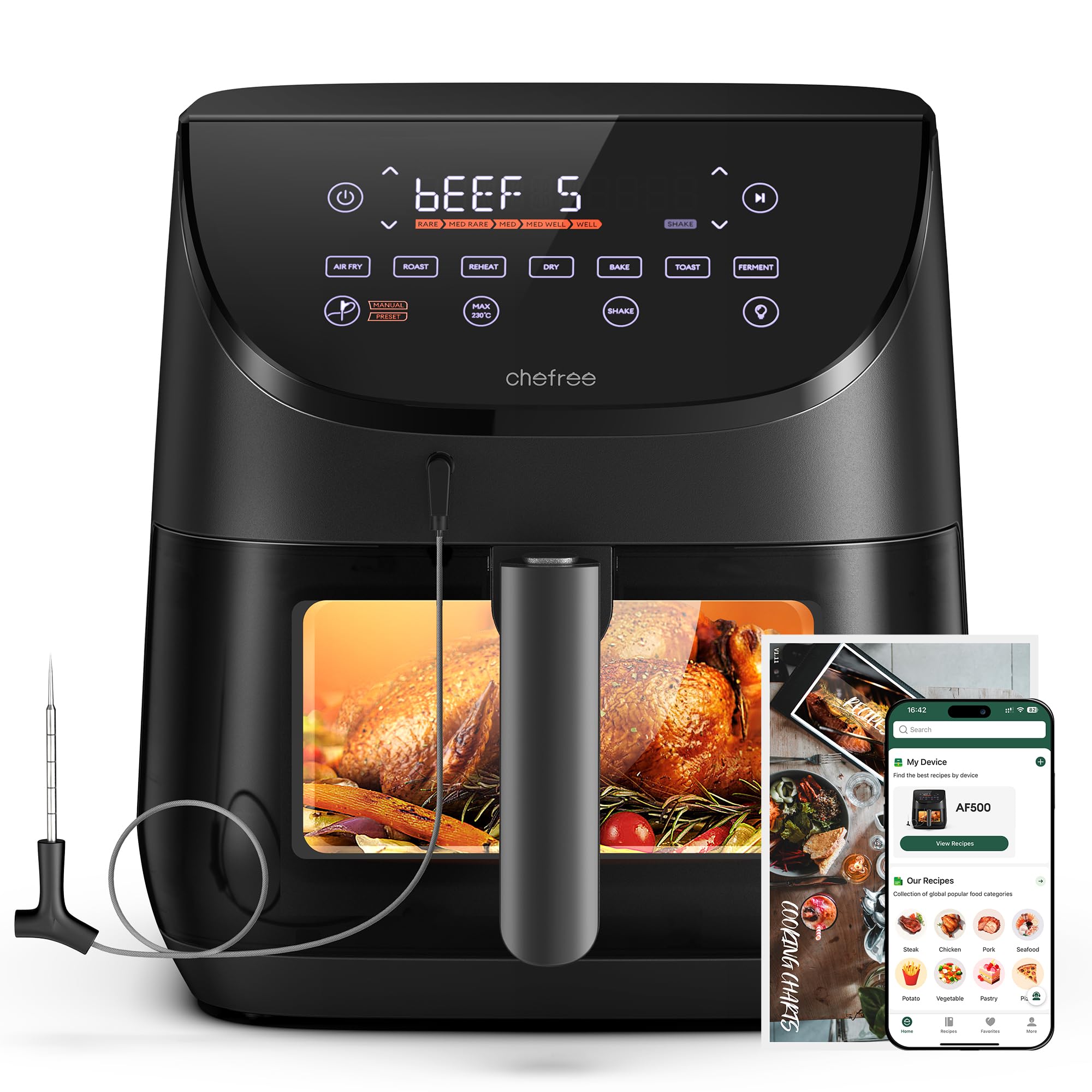 CHEFREE Air Fryer, 6.5L airfryer avec Sonde de Température, Écran Tactile LED et Vitre d'Observation, 7 Programmes pour une Cuisine Saine avec Moins d'Huile, Friteuse à Air AF500