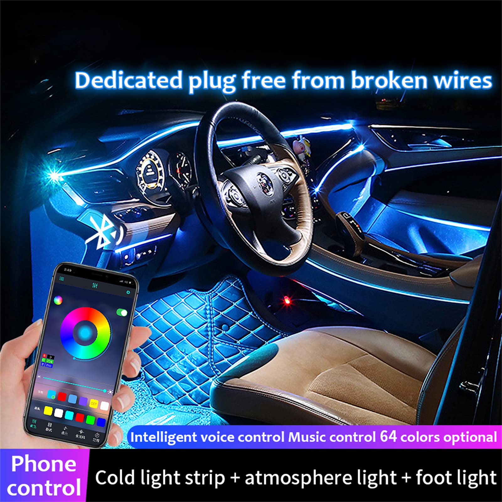 Luces Ambientales LED RGB, Tiras De Fibra Óptica De Luz De Ambiente Interior De Automóvil Aplicación DIY para Accesorios De Automóvil Tablero De Instrumentos Decorativo, Función Activa,14 in 1