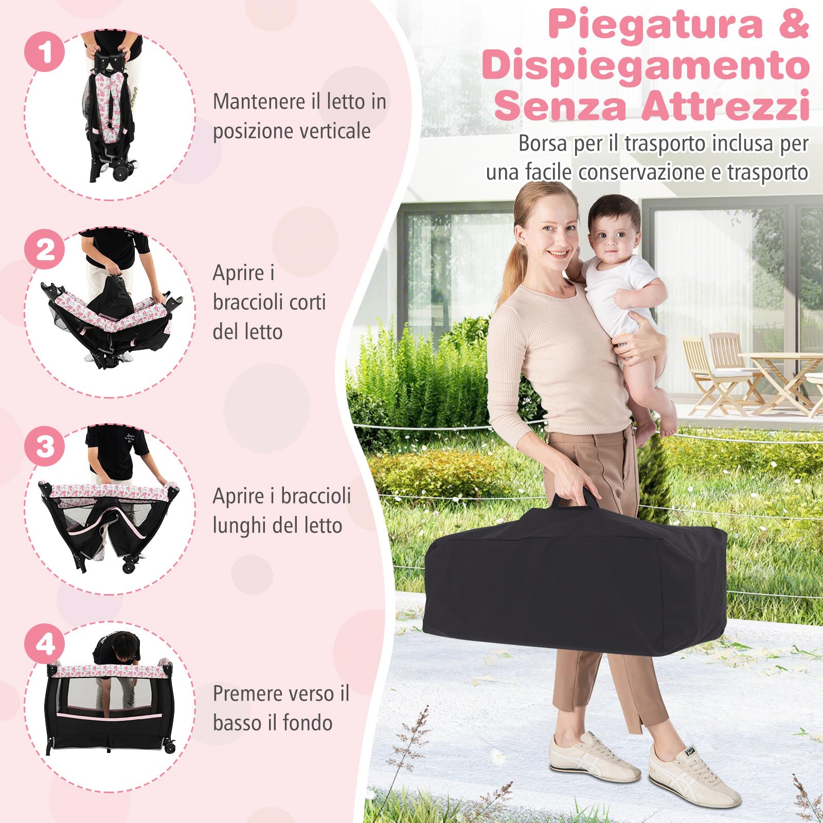 COSTWAY 4 in 1 Lettino Neonato con Materasso, Culla da Campeggio con Fasciatoio Cappottina Regolabile, Ruote Bloccabili, Box Piechevole per Bambini 0-36 Mesi (Fiore Grande)