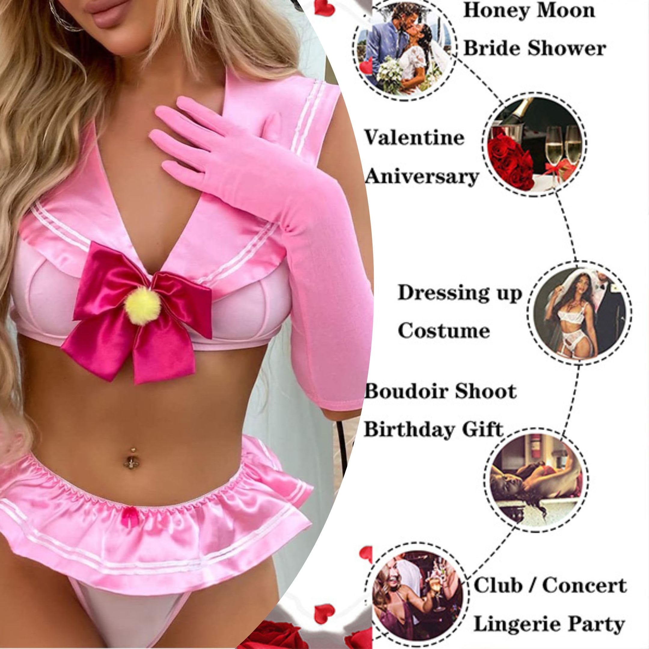 Niegrzeczne stroje Cosplay Deep V, kostium marynarza do odgrywania ról, komplet bielizny Anime Cosplay 4 szt., top z kołnierzykiem marynarskim + spódnica + stringi + rękawiczki (różowy)