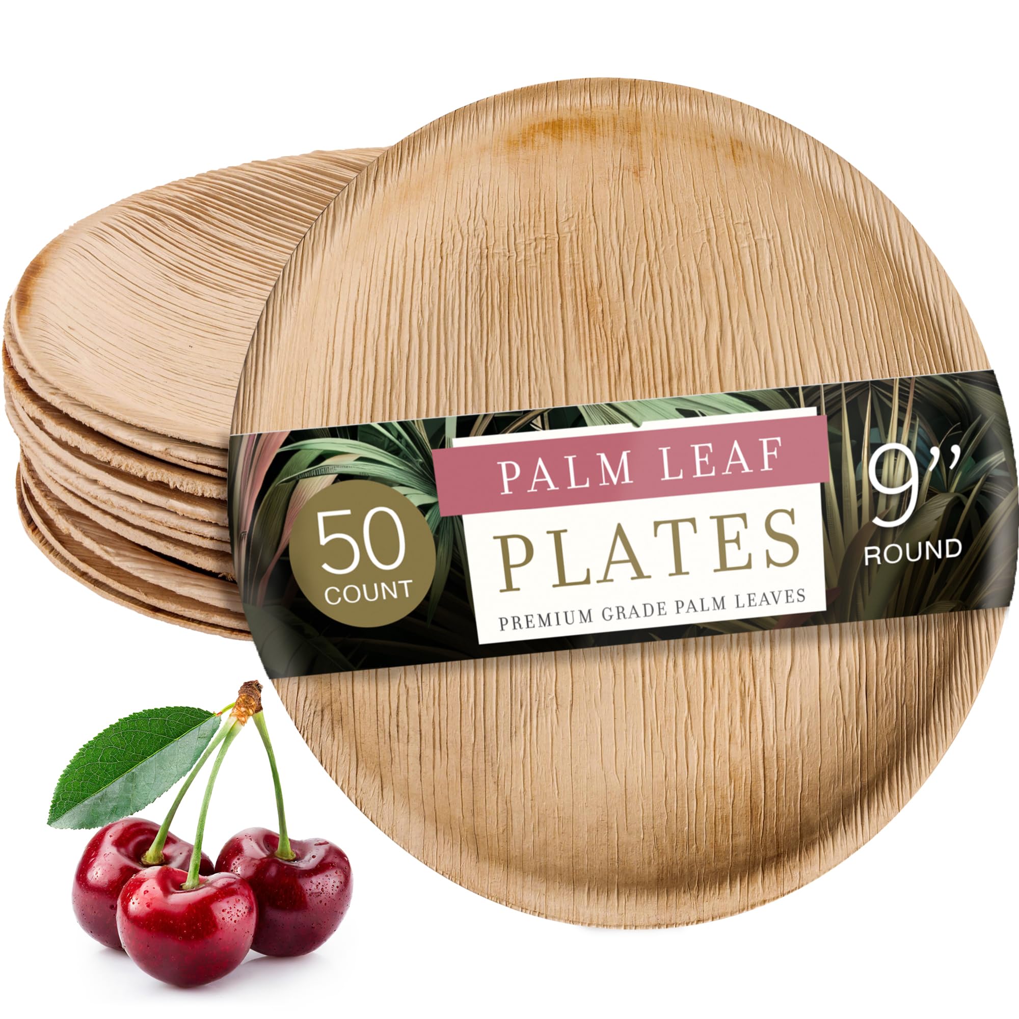 brheez Palm Leaf Plates 50 Pack - 9 Inch - Eco-Friendly, Compostable, Biodegradable, Heavy-Duty & Disposable for Parties with Elegant Bamboo Look, Stronger and More Sustainable than Paper Plates