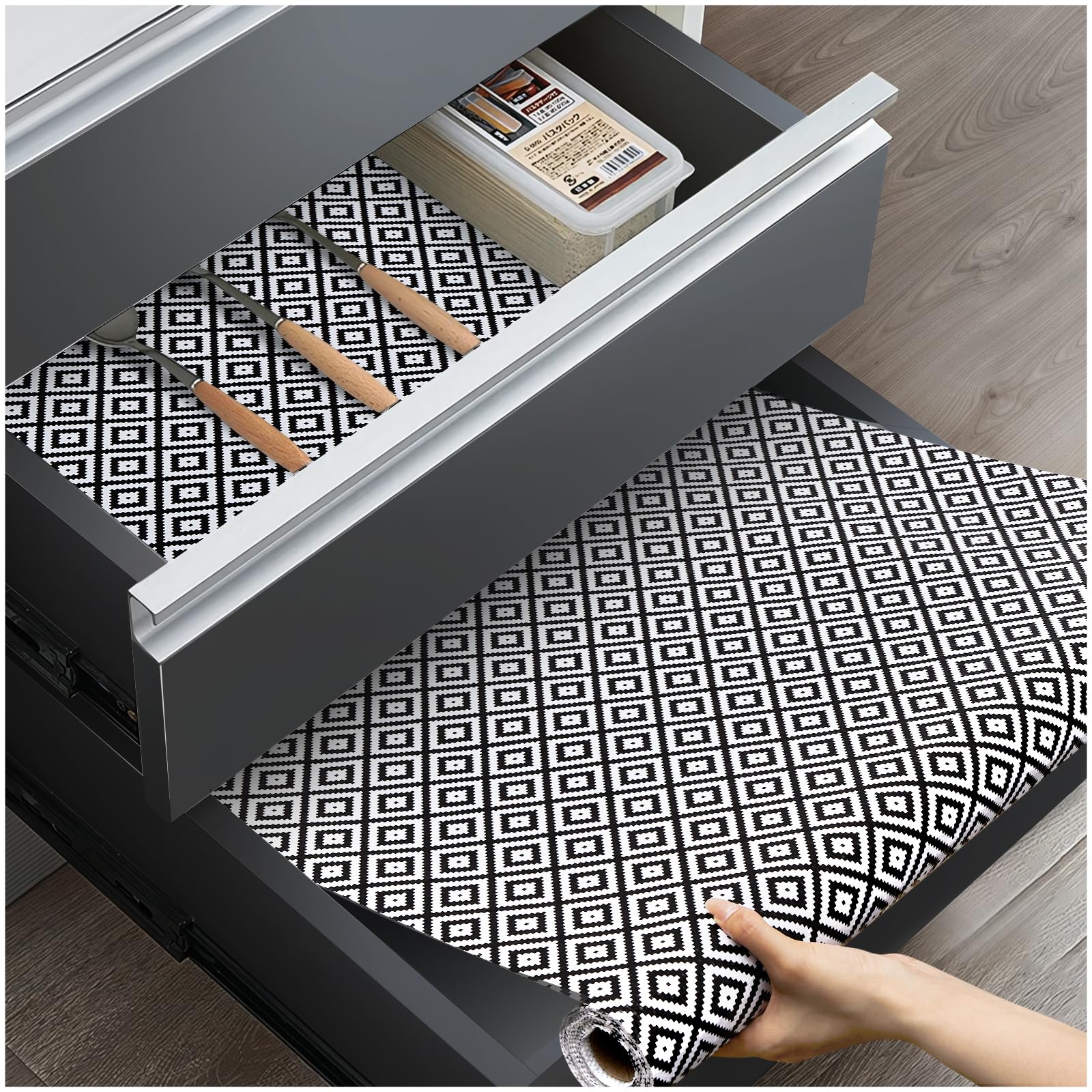 ALIUNI Drawer Liners, Non Slip Shelf Liner for Kitchen Cupboard, Non Adhesive Mats Waterproof for Bedroom Wardrobe Shelves Cabinets Pantry, Black & White 45 x 300cm — image 1
