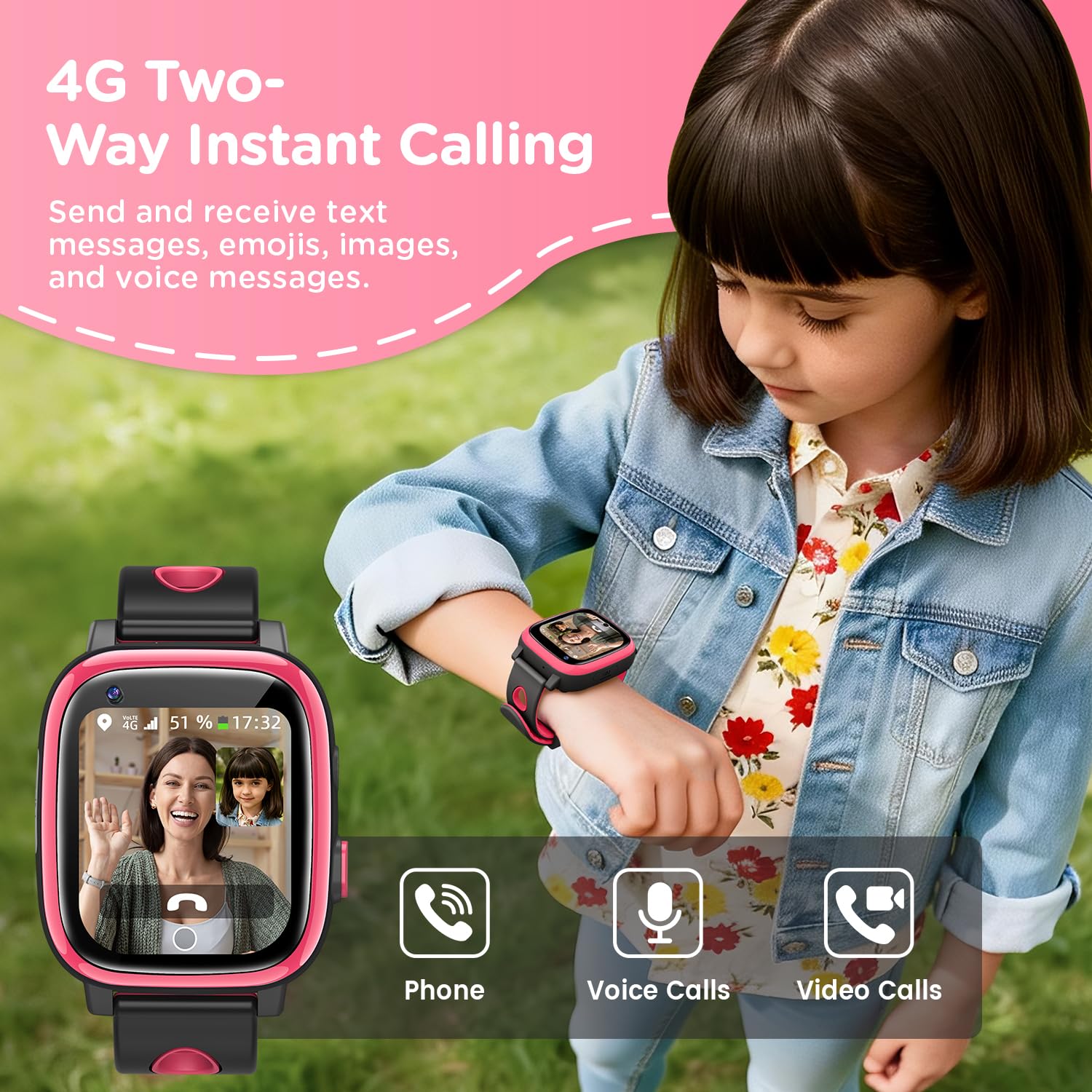 2026 Nuevo 4G Reloj Inteligente Niño con Videollamada & GPS, SOS, Chat de Voz, IP68 Impermeable, Modo Escuela, Podómetro, Despertador, Flashcard, Regalo para Niños y Niñas de 4 a 15 Años Rojo