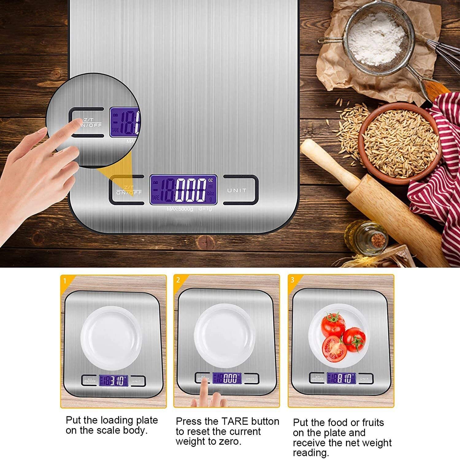 Balance de Cuisine numérique, Balance de Cuisson électronique en Acier Inoxydable, Balance de Pesage Alimentaire au Design Mince et élégant pour la Cuisine,
