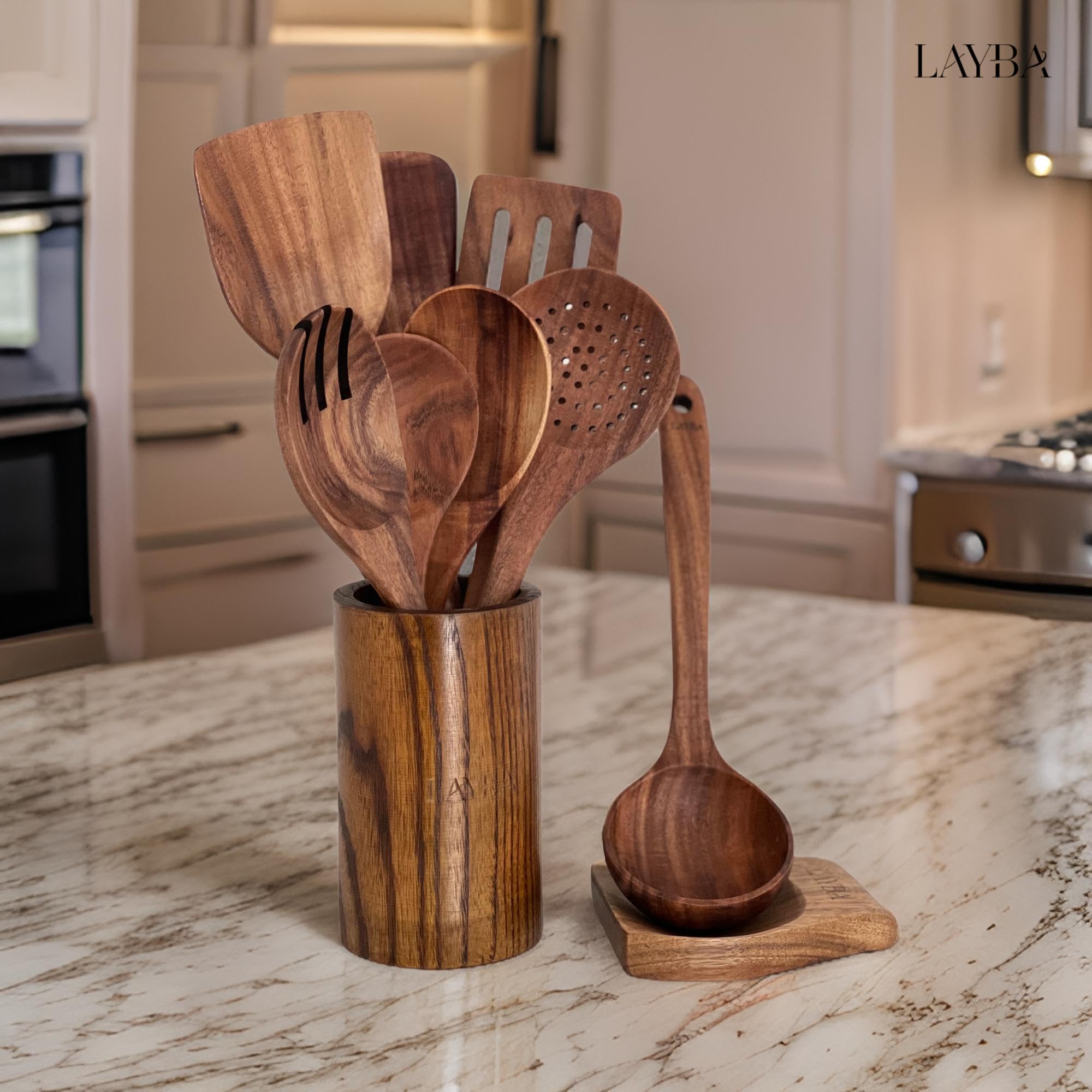LAYBA Teakholz Küchenutensilien Set, Holz Küchenhelfer zum Kochen, Servieren, Wenden und Anrichten, Küchenutensil für Pfanne, Topf und Tisch