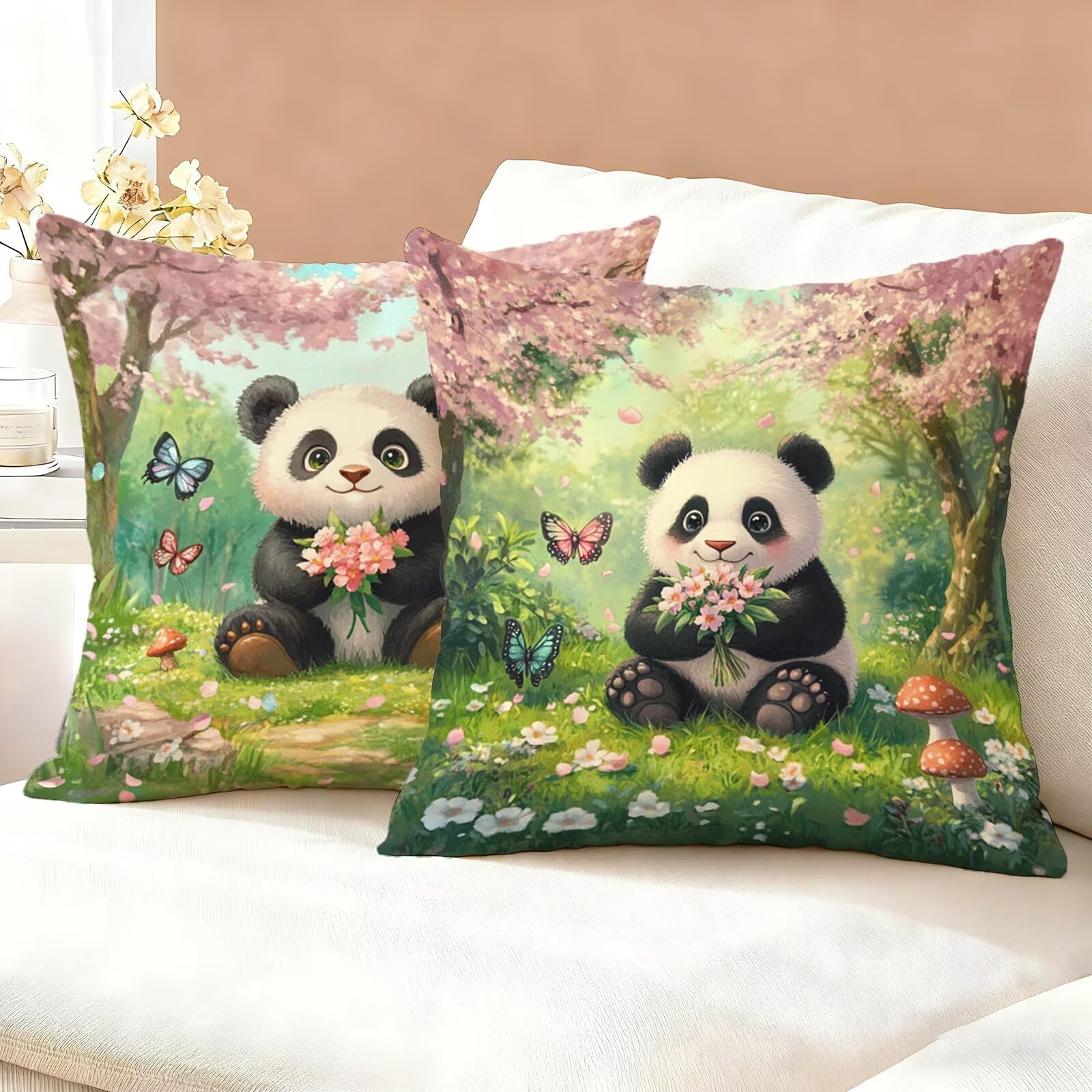 Panda poszewki na poduszki 80 x 80 cm, zestaw 2 szt., poduszki ze zwierzętami, z ukrytym zamkiem błyskawicznym, wygodne, miękkie, kwadratowe, lniane poszewki na poduszki, dekoracyjne na sofę, do