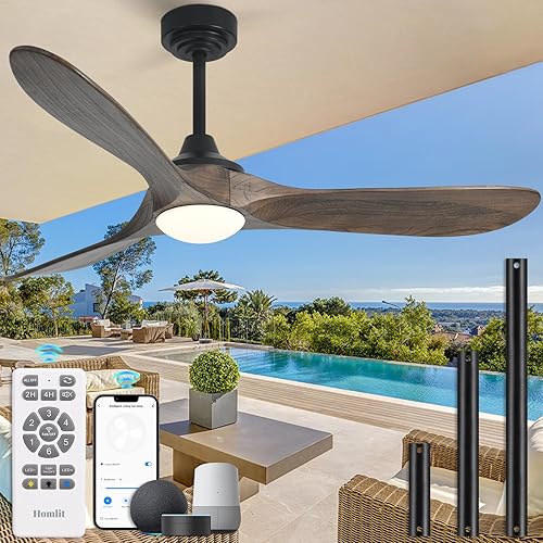 Miniatura 11 de Ventilador de techo para exteriores de 60 pulgadas con 3 varillas descendentes, ventilador de techo inteligente de madera compatible con Negro