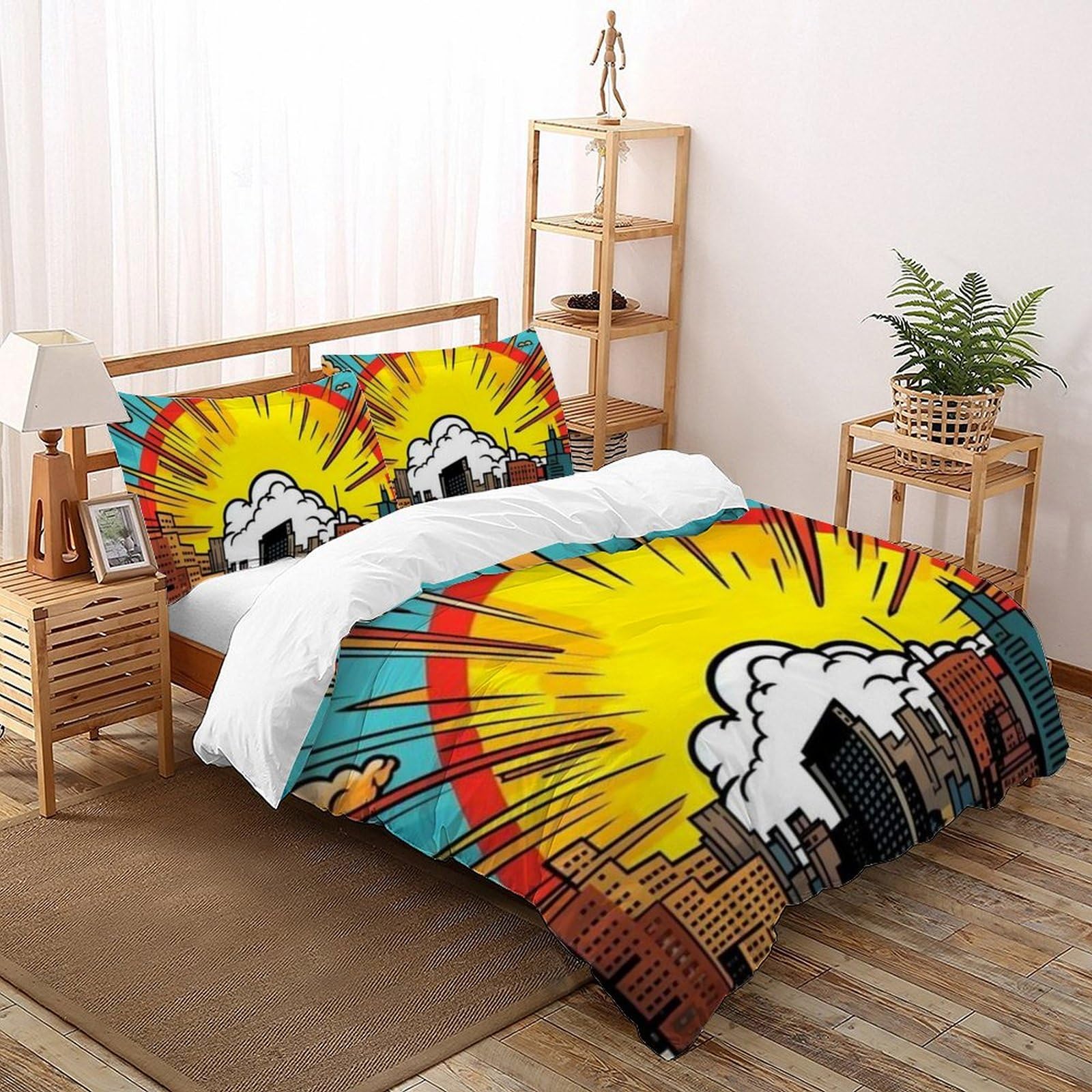 Housse de couette 220x240 Ville 3D microfibre lit King et taie d'oreiller