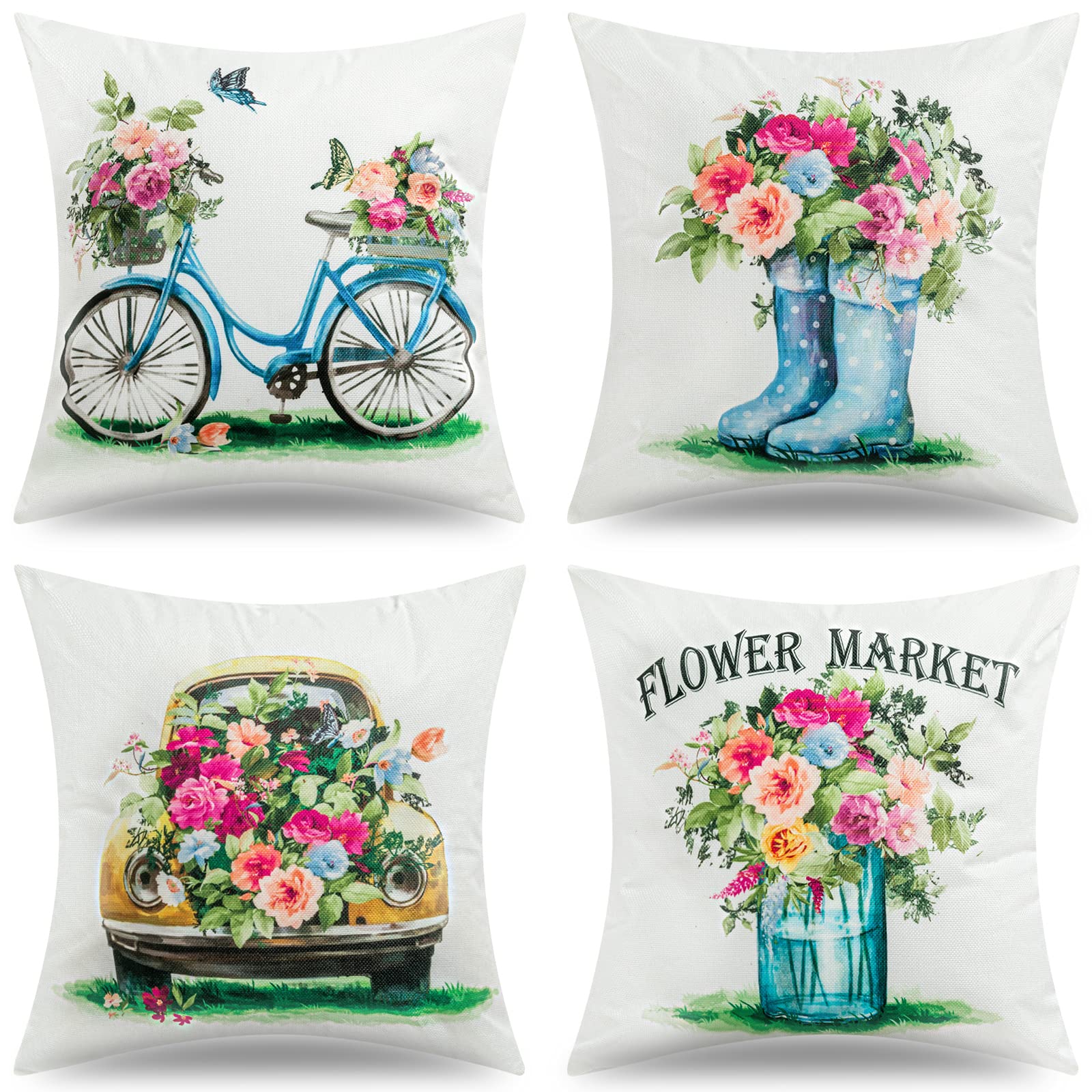 hogardeck Spring Pillow Covers 18×18, Set of 4 Buffalo Plaid Linen Throw Pillows Covers, Flower Bike Car Vase Boots Spring Decorations Farmhouse Holiday Rustic Cushion Covers